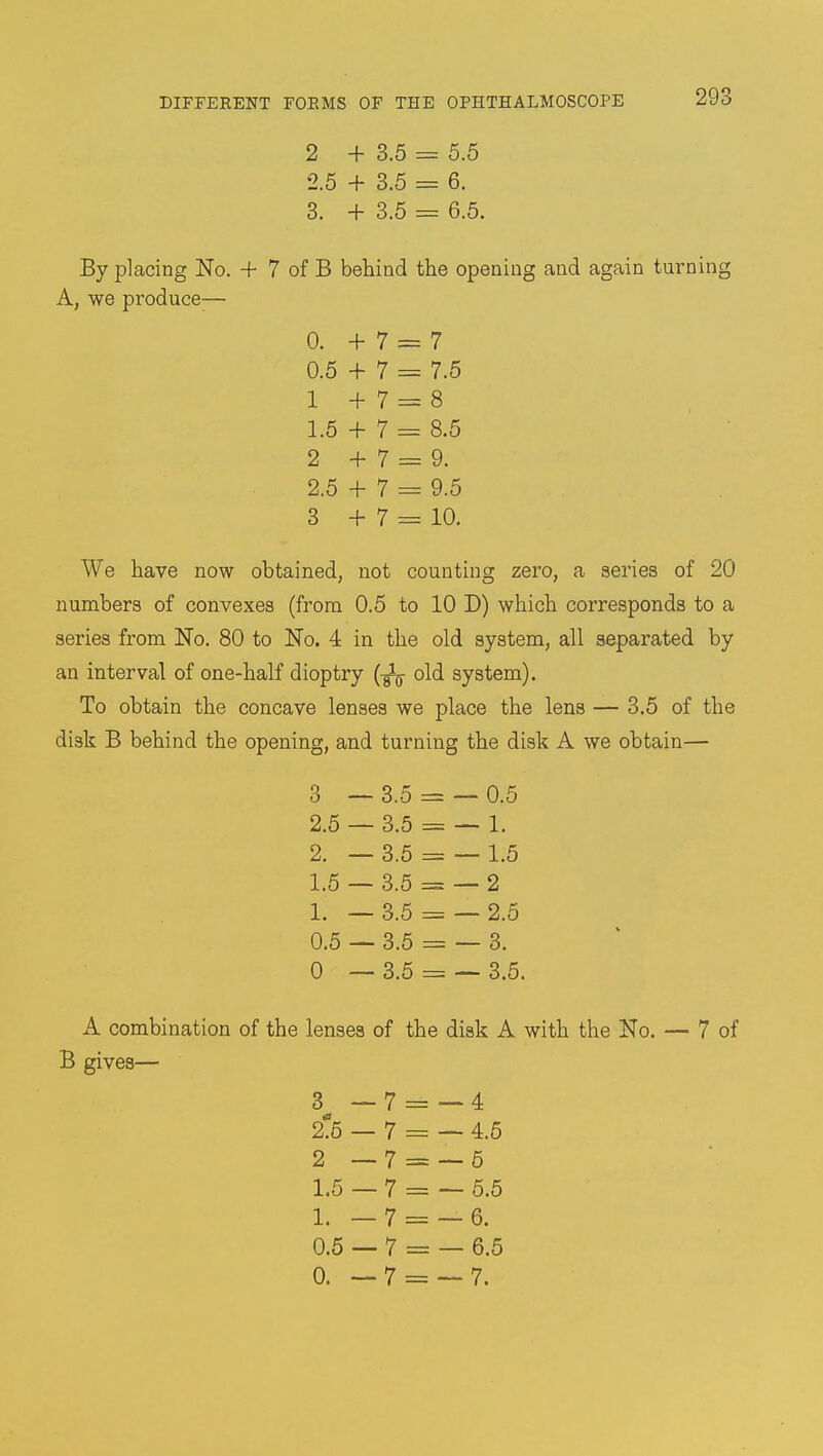 2 + 3.5 = 5.5 2.5 + 3.5 = 6. 3. + 3.5 = 6.5. By placing No. + 7 of B behind the opening and again turning A, we produce— 0. + 7 = 7 0.5 + 7 = 7.5 1 +7 = 8 1.5 + 7 = 8.5 2 +7 = 9. 2.5 + 7 = 9.5 3 + 7 = 10. We have now obtained, not counting zero, a series of 20 numbers of convexes (from 0.5 to 10 D) which corresponds to a series from No. 80 to No. 4 in the old system, all separated by an interval of one-half dioptry (-^ old system). To obtain the concave lenses we place the lens — 3.5 of the disk B behind the opening, and turning the disk A we obtain— 3 — 3.5 = — 0.5 2.5 — 3.5 = — 1. 2. — 3.5 = — 1.5 1.5 — 3.5 = — 2 1. — 3.5 = — 2.5 0.5 — 3.5 = — 3. 0 — 3.5 = — 3.5. A combination of the lenses of the disk A with the No. — 7 of B gives— 3 — 4 2.5 — 4.5 2 — 5 1.5 — 7 = — 5.5 1. — 6. 0.5 — 6.5 0. — 7.