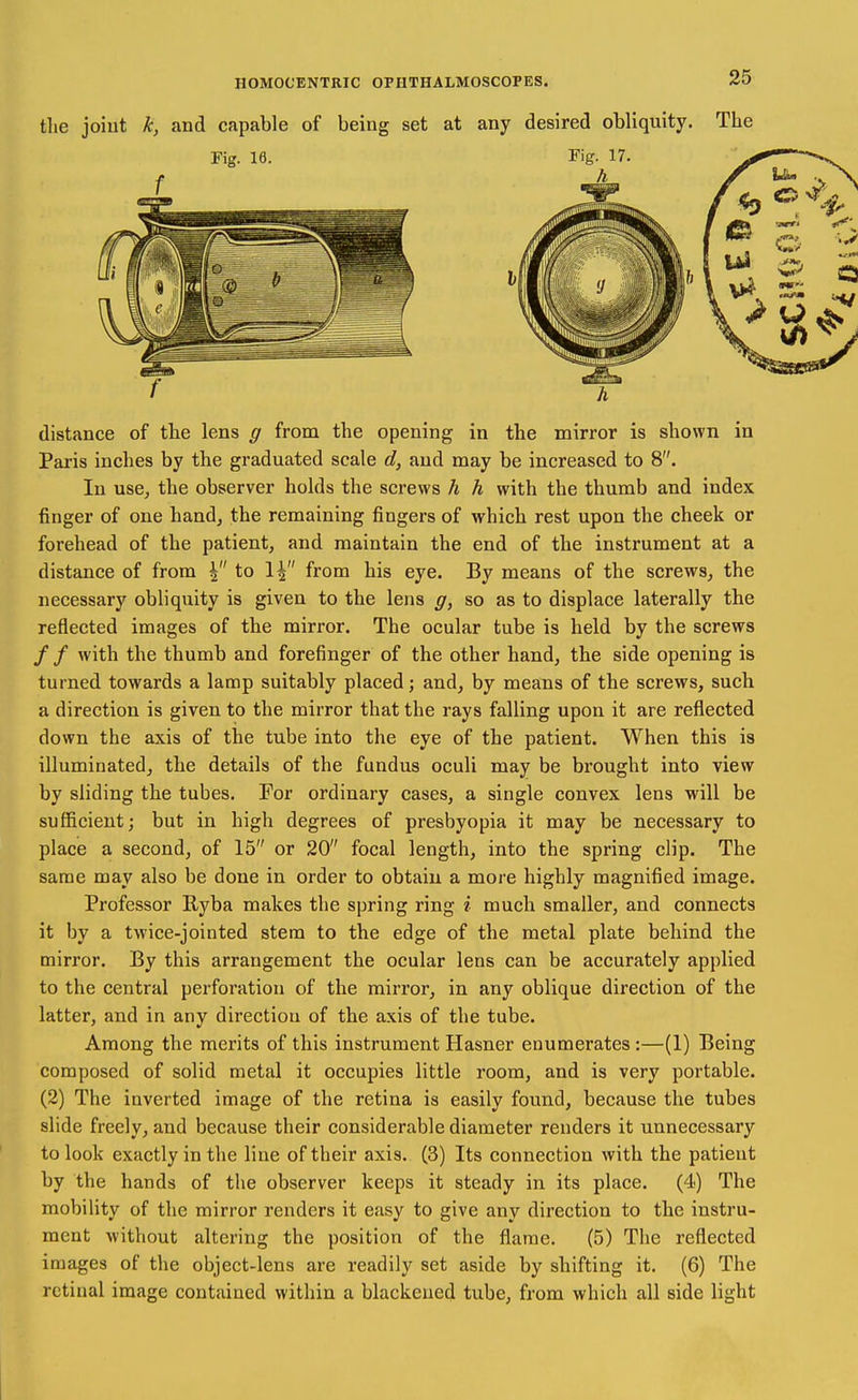 Paris inches by the graduated scale d, and may be increased to 8. In use, the observer holds the screws h h with the thumb and index finger of one hand, the remaining fingers of which rest upon the cheek or forehead of the patient, and maintain the end of the instrument at a distance of from 4 to 1^ from his eye. By means of the screws, the necessary obliquity is given to the lens g, so as to displace laterally the reflected images of the mirror. The ocular tube is held by the screws / / with the thumb and forefinger of the other hand, the side opening is turned towards a lamp suitably placed; and, by means of the screws, such a direction is given to the mirror that the rays falling upon it are reflected down the axis of the tube into the eye of the patient. When this is illuminated, the details of the fundus oculi may be brought into view by sliding the tubes. For ordinary cases, a single convex lens will be sufficient; but in high degrees of presbyopia it may be necessary to place a second, of 15 or 20 focal length, into the spring clip. The same may also be done in order to obtain a more highly magnified image. Professor Ryba makes the spring ring i much smaller, and connects it by a twice-jointed stem to the edge of the metal plate behind the mirror. By this arrangement the ocular lens can be accurately applied to the central perforation of the mirror, in any oblique direction of the latter, and in any direction of the axis of the tube. Among the merits of this instrument Hasner enumerates :—(1) Being composed of solid metal it occupies little room, and is very portable. (2) The inverted image of the retina is easily found, because the tubes slide freely, and because their considerable diameter renders it unnecessary to look exactly in the line of their axis. (3) Its connection with the patient by the hands of the observer keeps it steady in its place. (4) The mobility of the mirror renders it easy to give any direction to the instru- ment without altering the position of the flame. (5) The reflected images of the object-lens are readily set aside by shifting it. (6) The retinal image contained within a blackened tube, from which all side light