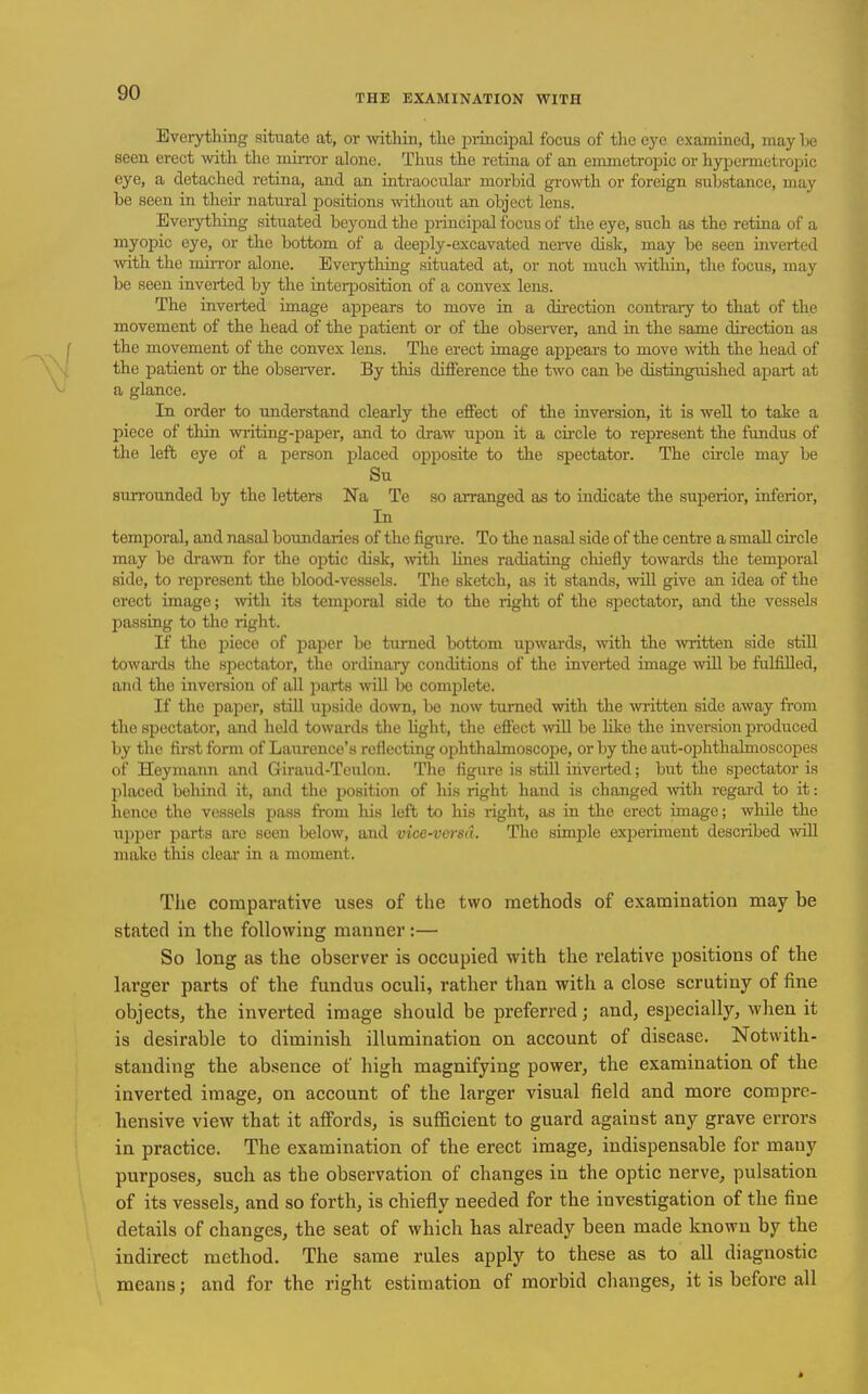 THE EXAMINATION WITH Everything situate at, or -within, the principal focus of the ej^c examined, may be seen erect with the :niiTor alone. Thus the retina of an emmetropic or hyjiennetropic eye, a detached retina, and an intraocular morbid growth or foreign substance, may be seen in then- natural positions -without an object lens. Everything situated beyond the principal focus of the eye, such as the retina of a myopic eye, or the bottom of a deeply-excavated nei-ve disk, may be seen inverted -with the miiTor alone. Eveiytlaing situated at, or not much -within, the focus, may be seen inverted by the interposition of a convex lens. The inverted image ajDpears to move in a dii-ection contraiy to that of the movement of the head of the patient or of the obsei-ver, and in the same direction as the movement of the convex lens. The erect image appears to move with the head of the patient or the obsei-ver. By this difference the two can be distinguished apart at a glance. In order to understand clearly the effect of the inversion, it is weU to take a piece of thin -writing-paper, and to draw upon it a cu-cle to represent the fundus of the left eye of a person placed opposite to the spectator. The cu-cle may be Su surrounded by the letters Na Te so arranged as to indicate the superior, inferior. In temporal, and nasal boundaries of the figure. To the nasal side of the centre a small ciixle may be dra-wn for the optic disk, with lines radiating cliiefly towards the temporal side, to represent the blood-vessels. The sketch, as it stands, ^vill give an idea of the erect image; -with its -temporal side to the right of the spectator, and the vessels passing to the right. If the piece of paper be turned bottom upwards, with the \vritten side still towards the sj^ectator, the ordinary conditions of the inverted image -will be fulfilled, and the inversion of all parts will be complete. If the paper, stiU uj^side down, be now turned with the written side away fi-om the spectator, and held towards the light, the effect will be Hke the inversion produced by the first form of Laurence's reflecting ophthahnoscoije, or by the aut-ophthahnoscopes of Heymann and Giraud-Teulon. The figure is still inverted; but the spectator is placed beliind it, and the position of his right hand is changed -with regard to it: hence the vessels pass from liis left to liis right, as in the erect image; while the upper parts are seen below, and vice-versd. The simple experiment described will make this clear in a moment. The comparative uses of the two methods of examination may be stated in the following manner:— So long as the observer is occupied with the relative positions of the larger parts of the fundus oculi, rather than with a close scrutiny of fine objects, the inverted image should be preferred; and, especially, when it is desirable to diminish illumination on account of disease. Notwith- standing the absence of high magnifying power, the examination of the inverted image, on account of the larger visual field and more compre- hensive view that it affords, is sufficient to guard against any grave errors in practice. The examination of the erect image, indispensable for mauy purposes, such as the observation of changes in the optic nerve, pulsation of its vessels, and so forth, is chiefly needed for the investigation of the fine details of changes, the seat of which has already been made known by the indirect method. The same rules apply to these as to all diagnostic means; and for the right estimation of morbid changes, it is before all