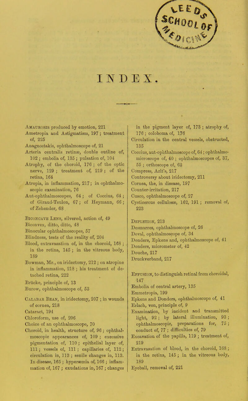 INDEX Amaurosis produced by emotion, 221 Ametropia and Astigmatiamj 197; treatment of, 225 Anagnostakis, ophthalmoscope of, 21 Arteria centralis retin<e, double outline of, 102 ; embolia of, 135 ; pulsation of, 104 Atrophy, of the choroid, 176 ; of the optic nerve, 129 ; treatment of, 219 ; of the retina, 164 Atropia, in inflammation, 217; in ophthalmo- scopic examination, 76 Aut-ophthalmoscopes, 64; of Coccius, 64 ; of Giraud-Teulon, 67; of Heymann, 66; of Zehender, 68 Biconcave Lens, silvered, action of, 49 Biconvex, ditto, ditto, 48 Binocular ophthalmoscopes, 57 Blindness, tests of the reality of, 204 Blood, extravasation of, in the choroid, 188 ; . in the retina, 145 ; in the vitreous body, 189 Bowman, Mr., on iridectomy, 212 ; on atropine in inflammation, 218 ; his treatment of de- tached retina, 222 Brticke, principle of, 13 Burow, ophthalmoscope of, 53 Cal^vbar Bean, in iridectomy, 207 ; in wounds of cornea, 218 Cataract, 194 Chloroform, use of, 206 Choice of an ophthalmoscope, 70 Choroid, in health, structure of, 96; ophthal- moscopic appearances of, 109 ; excessive pigmentation of, 110 ; epithelial layer of, 111; vessels of, 111 ; capillaries of, 112; circulation in, 113 ; senile changes in, 113. In disease, 165 ; hypertemia of, 166 ; inflam- mation of, 167 ; exudations in, 167 ; changes in the pigment layer of, 173 ; atrophy of, 176 ; coloboma of, 176 Circulation in the central vessels, obstructed, 135 Coccius, aut-ophthalmoscope of, 64; ophthalmo- microscope of, 40 ; ophthalmoscopes of, 37, 55 ; orthoscope of, 62 Compress, Arlt's, 217 Controversy about iridectomy, 211 Cornea, the, in disease, 197 Counter-irritation, 217 Cusco, ophthalmoscope of, 27 Cysticercus cellulosos, 162, 191 ; removal of, 223 Depletion, 213 Desmarres, ophthalmoscope of, 26 Deval, ophthalmoscope of, 34 Bonders, Epkens and, ophthalmoscope of, 41 Bonders, micrometer of, 42 Bouche, 217 Druckverband, 217 Effusion, to distinguish retinal from choroidal, 147 Embolia of central artery, 135 Erametropia, 199 Epkens and Bonders, ophthalmoscope of, 41 Erlach, von, principle of, 9 Examination, by incident and transmitted light, 92 ; by lateral illumination, 93 ; ophthalmoscopic, preparations for, 75; conduct of, 77 ; difficulties of, 79 Excavation of the papilla, 119 ; treatment of, 219 Extravasation of blood, in the choroid, 168 ; in the retina, 145 ; in the vitreous body, 189 Eyeball, removal of, 221