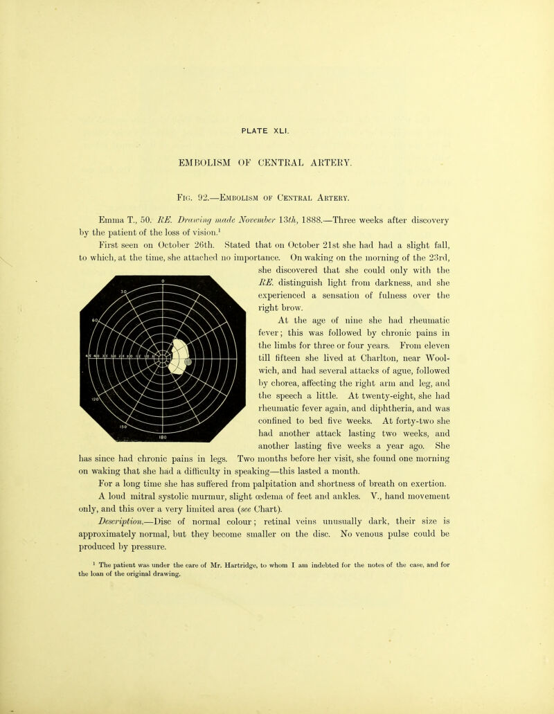 EMBOLISM OF CENTEAL ARTEEY. Fig. 92.—Embolism of Central Artery. Emma T., 50. RE. Drawing made Novemher Vitli, 1888.—Three weeks after discovery by the patient of the loss of vision.^ First seen on October 26th. Stated that on October 21st she had had a slight fall, to which, at the time, she attached no importance. On waking on the morning of the 23rd, she discovered that she could only with the BE. distinguish light from darkness, and she experienced a sensation of fulness over the right brow. At the age of nine she had rheumatic fever; this was followed by chronic pains in the limbs for three or four years. From eleven till fifteen she lived at Charlton, near Wool- wich, and had several attacks of ague, followed by chorea, affecting the right arm and leg, and the speech a little. At twenty-eight, she had rheumatic fever again, and diphtheria, and was confined to bed five Weeks. At forty-two she had another attack lasting two weeks, and another lasting five weeks a year ago. She has since had chronic pains in legs. Two months before her visit, she found one morning on waking that she had a difficulty in speaking—this lasted a month. For a long time she has suffered from palpitation and shortness of breath on exertion. A loud mitral systolic murmur, slight oedema of feet and ankles. V., hand movement only, and this over a very limited area {see Chart). Description.—Disc of normal colour; retinal veins unusually dark, their size is approximately normal, but they become smaller on the disc. No venous pulse could be produced by pressure. ^ The patient was under the care of Mr. Hartridge, to whom I am indebted for the notes of the case, and for the loan of the original drawing.