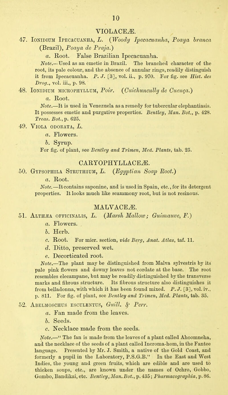 VIOLACE^E. 47. Ionidium Ipecacuanha, L. (Woody Ipecacuanha, Poaya branca (Brazil), Poaya de Praja.) a. Root. False Brazilian Ipecacuanha. Note.—Used as an emetic in Brazil. The branched character of the root, its pale colour, and the absence of annular rings, readily distinguish it from Ipecacuanha. P. J. [3], vol. ii., p. 970. For fig. see Hist, des Drog., vol. hi., p. 98. 48. Ionidium microphyllum, Poir. (C aichuncully de Guenca.) a. Root. Note.—It is used in Venezuela as a remedy for tubercular elephantiasis. It possesses emetic and purgative properties. Bentley, Man. Bot., p. 428. Treas. Bot, p. 625. 49. Viola odokata, L. a. Flowers. b. Syrup. For fig. of plant, see Bentley and Trimen, Med. Plants, tab. 25. CARYOPHYLLACEiE. 50. GtYPSOPHila Struthium, L. (Egyptian Soap Boot.) a. Root. Note.—It contains saponine, and is used in Spain, etc., for its detergent properties. It looks much like scarnmony root, but is not resinous. MALVACEAE. 51. Alth.ea officinalis, L. (Marsh Mallow; Ouimauve, F.) a. Flowers. b. Herb. c. Root. For micr. section, vide Berg, Anat. Atlas, taf. 11. d. Ditto, preserved wet. e. Decorticated root. Note.—The plant may be distinguished from Malva sylvestris by its pale pink flowers and downy leaves not cordate at the base. The root resembles elecampane, but may be readily distinguished by the transverse marks and fibrous structure. Its fibrous structure also distinguishes it from belladonna, with which it has been found mixed. P. J. [3], vol. iv., p. 811. For fig. of plant, see Bentley and Trimen, Med. Plants, tab. 35. 52. Abelmoschus esculentus, Quill. 8f Pert. a. Fan made from the leaves. b. Seeds. c. Necklace made from the seeds. Note.— The fan is made from the leaves of a plant called Ahoomneha, and the necklace of the seeds of a plant called Incroma-hom, in the Fantee language. Presented by Mr. J. Smith, a native of the Gold Coast, and formerly a pupil in the Laboratory, P.S.G.B. In the East and West Indies, the young and green fruits, which are edible and are used to thicken soups, etc., are known under the names of Ochro, Gobbo, Gombo, Bandikai, etc. Bentley, Man. Bot., p. 435 ; Pharmacographia, p. 86.