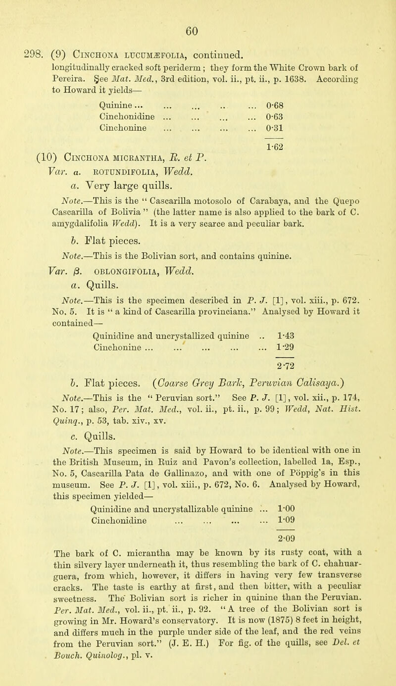 298. (9) Cinchona lucum^folia, continued. longitudinally cracked soft periderm ; they form the White Crown bark of Pereira. §ee Mat. Med., 3rd edition, vol. ii., pt. ii., p. 1638. According to Howard it yields— Quinine 0-68 Cinchonidine ... ... ... ... 0-63 Cinchonine 0-31 1-62 (10) Cinchona micrantha, B. et P. Var. a. rotundifolia, Wedd. a. Very large quills. Note.—This is the  Cascarilla motosolo of Carabaya, and the Quepo CascariUa of Bolivia  (the latter name is also applied to the bark of C. amygdalifolia Wedd). It is a very scarce and peculiar bark. b. Flat pieces. Note.—This is the Bolivian sort, and contains quinine. Var. /3. OBLONGiFOLiA, Wedd. a. Quills. Note.—This is the specimen described in P. J. [1], vol. xiii., p. 672. No. 5. It is  a kind of Cascarilla provinciana. Analysed by Howard it contained—■ Quinidine and uncrystalhzed quinine .. 1-43 Cinchonine ... 1'29 2-72 b. Flat pieces. {Coarse Grey Bark, Peruvian Galisaya.) Note.—This is the  Peruvian sort. See P. J. [1], vol. xii., p. 174, No. 17; also, Per. Mat. Med., vol. ii., pt. ii., p. 99; Wedd, Nat. Hist. Quinq., p. 53, tab. xiv., xv. c. Quills. Note.—This specimen is said by Howard to be identical with one in the British Museum, in Buiz and Pavon's collection, labelled la, Esp., No. 5, Cascarilla Pata de Gallinazo, and with one of Poppig's in this museum. See P. J. [I], vol. xiii., p. 672, No. 6. Analysed by Howard, this specimen yielded— Quinidine and uncrystallizable quinine ... l'OO Cinchonidine ... ... ... ... 1*09 2-09 The bark of C. micrantha may be known by its rusty coat, with a thin silvery layer underneath it, thus resembling the bark of C. chahuar- guera, from which, however, it differs in having very few transverse cracks. The taste is earthy at first, and then bitter, with a peculiar sweetness. The' Bolivian sort is richer in quinine than the Peruvian. Per. Mat. Med., vol. ii., pt. ii., p. 92. A tree of the Bolivian sort is growing in Mr. Howard's conservatory. It is now (1875) 8 feet in height, and differs much in the purple under side of the leaf, and the red veins from the Peruvian sort. (J. E. H.) For fig. of the quills, see Del. et Bouch. Quiuolog., pi. v.