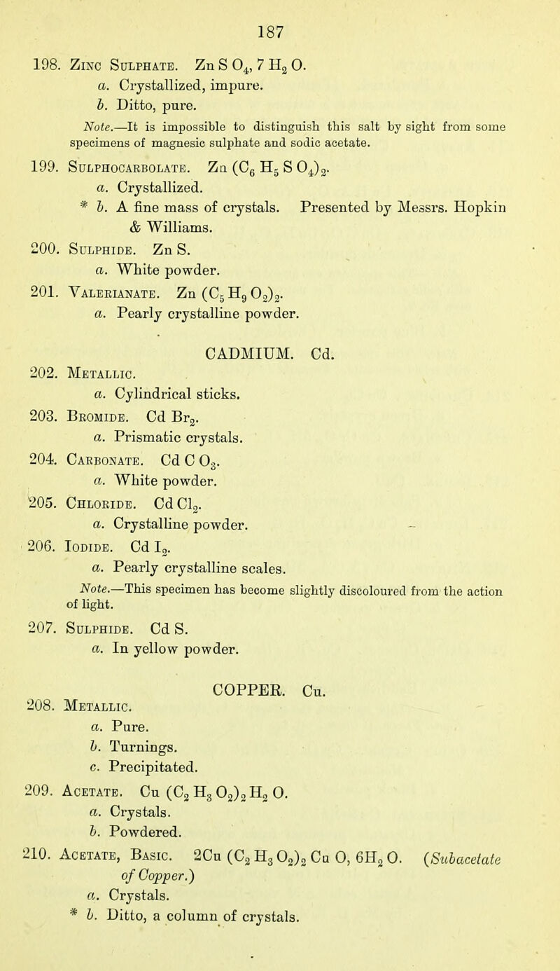 198. Zinc Sulphate. ZnS04, 7H20. a. Crystallized, impure. b. Ditto, pure. Note.—It is impossible to distinguish this salt by sight from some specimens of magnesic sulphate and sodic acetate. 199. SULPHOCARBOLATE. Za (Cg H5 S 04)2. a. Crystallized. * b. A fine mass of crystals. Presented by Messrs. Hopkin & Williams. 200. Sulphide. Zn S. a. White powder. 201. Valerianate. Zn(C5H902)2. a. Pearly crystalline powder. CADMIUM. Cd. 202. Metallic. a. Cylindrical sticks. 203. Bromide. Cd Br2. a. Prismatic crystals. 204. Carbonate. Cd C 03. a. White powder. 205. Chloride. CdCl2. a. Crystalline powder. - 206. Iodide. Cd I2. a. Pearly crystalline scales. Note.—This specimen has become slightly discoloured from the action of light. 207. Sulphide. Cd S. a. In yellow powder. COPPER. Cu. 208. Metallic. a. Pure. b. Turnings. c. Precipitated. 209. Acetate. Cu (C2 H3 02)2 H2 O. a. Crystals. b. Powdered. 210. Acetate, Basic. 2Cu (C2 H3 02)2 Cu O, 6H2 O. (Subacetate of Copper.) a. Crystals. * b. Ditto, a column of crystals.