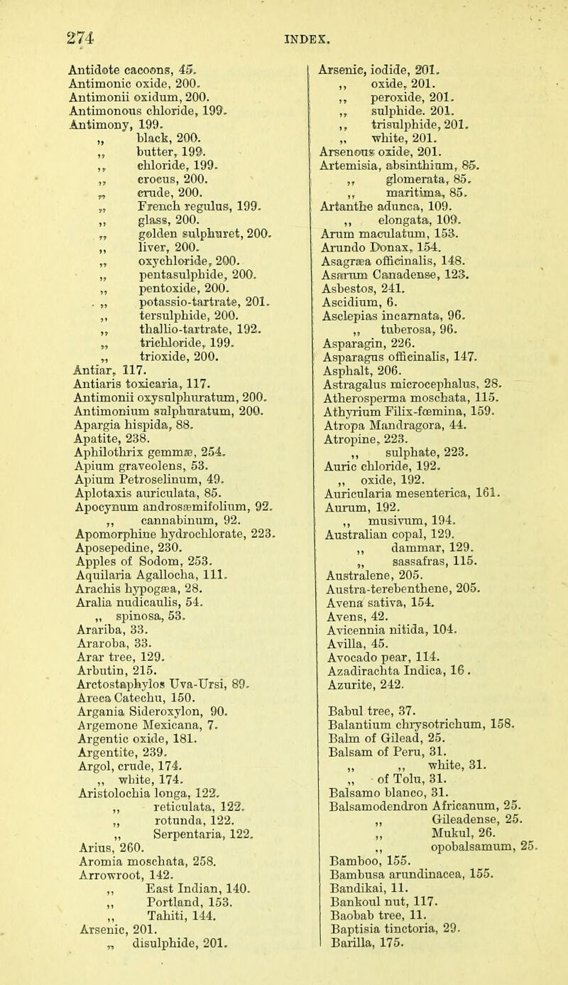 Antidote cacoons, 45. Antimonic oxide, 200. Antimonii oxidum, 200. Antimonous chloride, 199. Antimony, 199. „ black, 200. butter, 199. chloride, 199. „ crocus, 200. crude, 200. „ French regulus, 199. glass, 200. „ golden sulpharet, 200. liver, 200. ,, oxychloride,. 200. „ pentasulphide, 200. ,, pentoxide, 200. . „ potassio-tartrate, 201. ,, tersulphide, 200. ,, thallio-tartrate, 192. „ trichloride, 199. „ trioxide, 200. Antiar, 117. Antiaris toxicaria, 117. Antimonii oxysulphuratum, 200. Antimonium sulphuratum, 200. Apargia hispida, 88. Apatite, 238. Aphilothrix gemmae, 254. Apium graveolens, 53. Apium Petroselinum, 49. Aplotaxis auriculata, 85. Apocynum androsffimifolium, 92. ,, cannabinum, 92. Apomorphine hydrochlorate, 223. Aposepedine, 230. Apples of Sodom, 253. Aquilaria Agallocha, 111. Arachis hypogasa, 28. Aralia nudicaulis, 54. ,, spinosa, 53. Arariba, 33. Araroba, 33. Arar tree, 129. Arbutin, 215. Arctostaphylos Uva-Ursi, 89. Areca Catechu, 150. Argania Sideroxylon, 90. Argemone Mexicana, 7- Argentic oxide, 181. Argentite, 239. Argol, crude, 174. „ white, 174. Aristolochia longa, 122. ,, reticulata, 122. „ rotunda, 122. ,, Serpentaria, 122. Arras, 260. Aromia moschata, 258. Arrowroot, 142. „ East Indian, 140. Portland, 153. Tahiti, 144. Arsenic, 201. ,, disulphide, 201. Arsenie, iodide, 201. ,, oxide, 201. ,, peroxide, 201. ,, sulphide. 201. trisulphide, 201. „ white, 201. Arseno-us oxide, 201. Artemisia, absinthium, 85. glomerata, 85. maritima, 85. Artanthe adunca, 109. ,, elongata, 109. Arum maculatum, 153. Arando Donax, 154. Asagrsea officinalis, 148. Asarum Canadense, 123. Asbestos, 241. Ascidium, 6. Asclepias incarnata, 96. ,, tuberosa, 96. Asparagin, 226. Asparagus officinahs, 147. Asphalt, 206. Astragalus microcephalus, 28. Atherosperma moschata, 115. Athyrium Filix-foemina, 159. Atropa Mandragora, 44. Atropine. 223. sulphate, 223. Auric chloride, 192. „ oxide, 192. Auricularia mesenterica, 161. Aurum, 192. ,, musivum, 194. Australian copal, 129. ,, dammar, 129. „ sassafras, 115. Australene, 205. Austra-terebenthene, 205. Avena sativa, 154. Avens, 42. Avicennia nitida, 104. Avilla, 45. Avocado pear, 114. Azadirachta Indica, 16. Azurite, 242. Babul tree, 37. Balantium chrysotrichum, 158. Balm of Gilead, 25. Balsam of Peru, 31. „ „ white, 31. „ of Tolu, 31. Balsamo bianco, 31. Balsamodendron Africanum, 25. ,, Gileadense, 25. Mukul, 26. „ opobalsamum, 25. Bamboo, 155. Bambusa arundinacea, 155. Bandikai, 11. Bankoul nut, 117. Baobab tree, 11. Baptisia tinctoria, 29. Barilla, 175.