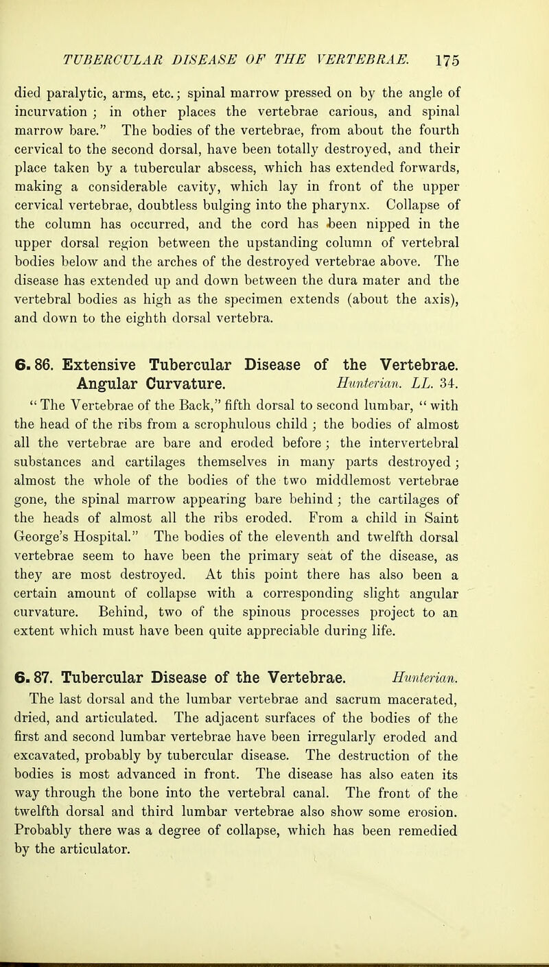 died paralytic, arms, etc.; spinal marrow pressed on by the angle of incurvation ; in other places the vertebrae carious, and spinal marrow bare. The bodies of the vertebrae, from about the fourth cervical to the second dorsal, have been totally destroyed, and their place taken by a tubercular abscess, which has extended forwards, making a considerable cavity, which lay in front of the upper cervical vertebrae, doubtless bulging into the pharynx. Collapse of the column has occurred, and the cord has Jbeen nipped in the upper dorsal region between the upstanding column of vertebral bodies below and the arches of the destroyed vertebrae above. The disease has extended up and down between the dura mater and the vertebral bodies as high as the specimen extends (about the axis), and down to the eighth dorsal vertebra. 6.86. Extensive Tubercular Disease of the Vertebrae. Angular Curvature. Hunterian. LL. 34.  The Vertebrae of the Back, fifth dorsal to second lumbar,  with the head of the ribs from a scrophulous child ; the bodies of almost all the vertebrae are bare and eroded before; the intervertebral substances and cartilages themselves in many parts destroyed; almost the whole of the bodies of the two middlemost vertebrae gone, the spinal marrow appearing bare behind ; the cartilages of the heads of almost all the ribs eroded. From a child in Saint George's Hospital. The bodies of the eleventh and twelfth dorsal vertebrae seem to have been the primary seat of the disease, as they are most destroyed. At this point there has also been a certain amount of collapse with a corresponding slight angular curvature. Behind, two of the spinous processes project to an extent which must have been quite appreciable during life. 6.87. Tubercular Disease of the Vertebrae. Hunterian. The last dorsal and the lumbar vertebrae and sacrum macerated, dried, and articulated. The adjacent surfaces of the bodies of the first and second lumbar vertebrae have been irregularly eroded and excavated, probably by tubercular disease. The destruction of the bodies is most advanced in front. The disease has also eaten its way through the bone into the vertebral canal. The front of the twelfth dorsal and third lumbar vertebrae also show some erosion. Probably there was a degree of collapse, which has been remedied by the articulator.