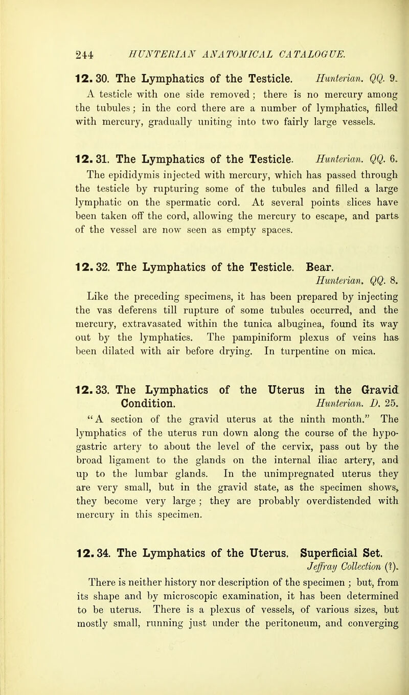 12.30. The Lymphatics of the Testicle. Eunterian. QQ. 9. A testicle with one side removed; there is no mercury among the tubules; in the cord there are a number of lymphatics, filled with mercury, gradually uniting into two fairly large vessels. 12.31. The Lymphatics of the Testicle. Hunterian. QQ. 6. The epididymis injected with mercury, which has passed through the testicle by rupturing some of the tubules and filled a large lymphatic on the spermatic cord. At several points slices have been taken off the cord, allowing the mercury to escape, and parts of the vessel are now seen as empty spaces. 12.32. The Lymphatics of the Testicle. Bear. Hunterian. QQ: 8. Like the preceding specimens, it has been prepared by injecting the vas deferens till rupture of some tubules occurred, and the mercury, extravasated within the tunica albuginea, found its way out by the lymphatics. The pampiniform plexus of veins has been dilated with air before drying. In turpentine on mica. 12.33. The Lymphatics of the Uterus in the Gravid Condition. Hunterian. D. 25.  A section of the gravid uterus at the ninth month. The lymphatics of the uterus run down along the course of the hypo- gastric artery to about the level of the cervix, pass out by the broad ligament to the glands on the internal iliac artery, and up to the lumbar glands. In the unimpregnated uterus they are very small, but in the gravid state, as the specimen shows, they become very large; they are probablj' overdistended with mercury in this specimen. 12.34. The Lymphatics of the Uterus. Superficial Set. Jeffray Collection C?). There is neither history nor description of the specimen ; but, from its shape and by microscopic examination, it has been determined to be uterus. There is a plexus of vessels, of various sizes, but mostly small, running just under the peritoneum, and converging