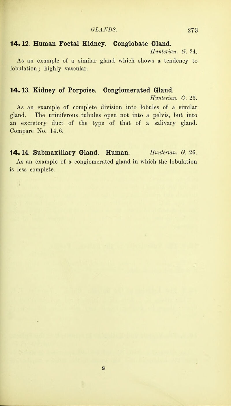 14.12. Human Foetal Kidney. Conglobate Gland. Hunterian. G. 24. As an example of a similar gland which shows a tendency to lobulation; highly vascular. 14.13. Kidney of Porpoise. Conglomerated Gland. Hunterian. 6. 25. As an example of complete division into lobules of a similar gland. The uriniferous tubules open not into a pelvis, but into an excretory duct of the type of that of a salivary gland. Compare No. 14.6. 14.14. Submaxillary Gland. Human. Hunterian. G. 26. As an example of a conglomerated gland in which the lobulation is less complete. s