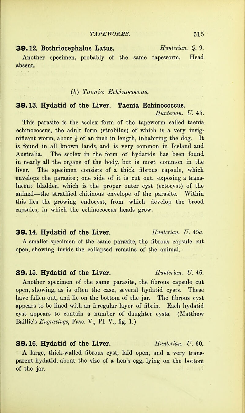 39.12. Bothriocephalus Latus. Hunterian. Q. 9. Another specimen, probably of the same tapeworm. Head absent. (6) Taenia Echinococcus. 39.13. Hydatid of the Liver. Taenia Echinococcus. Hunterian. U. 45. This parasite is the scolex form of the tapeworm called taenia echinococcus, the adult form (strobilus) of which is a very insig- nificant worm, about \ of an inch in length, inhabiting the dog. It is found in all known lands, and is very common in Iceland and Australia. The scolex in the form of hydatids has been found in nearly all the organs of the body, but is most common in the liver. The specimen consists of a thick fibrous capsule, which envelops the parasite; one side of it is cut out, exposing a trans- lucent bladder, which is the proper outer cyst (ectocyst) of the animal—the stratified chitinous envelope of the parasite. Within this lies the growing endocyst, from which develop the brood capsules, in which the echinococcus heads grow. 39.14. Hydatid of the Liver. Hunterian. U. 45a. A smaller specimen of the same parasite, the fibrous capsule cut open, showing inside the collapsed remains of the animal. 39.15. Hydatid of the Liver. Hunterian. U. 46. Another specimen of the same parasite, the fibrous capsule cut open, showing, as is often the case, several hydatid cj'sts. These have fallen out, and lie on the bottom of the jar. The fibrous cyst appears to be lined with an irregular layer of fibrin. Each hydatid cyst appears to contain a number of daughter cysts. (Matthew Baillie's Engravings, Fasc. V., PI. V., fig. 1.) 39.16. Hydatid of the Liver. Hunterian. U. 60. A large, thick-walled fibrous cyst, laid open, and a very trans- parent hydatid, about the size of a hen's egg, lying on the bottom of the jar. •■