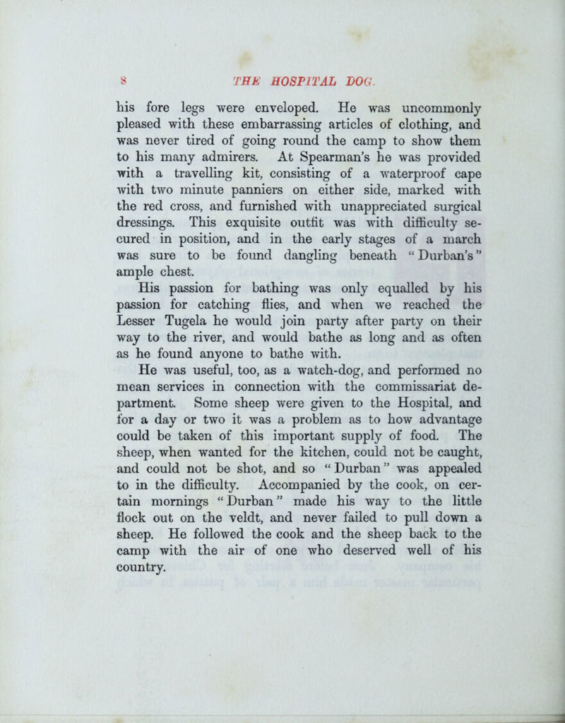 THE HOSPITAL LOG. his fore legs were enveloped. He was uncommonly pleased with these embarrassing articles of clothing, and was never tired of going round the camp to show them to his many admirers. At Spearman’s he was provided with a travelling kit, consisting of a waterproof cape with two minute panniers on either side, marked with the red cross, and furnished with unappreciated surgical dressings. This exquisite outfit was with difficulty se- cured in position, and in the early stages of a march was sure to be found dangling beneath “Durban’s” ample chest. His passion for bathing was only equalled by his passion for catching flies, and when we reached the Lesser Tugela he would join party after party on their way to the river, and would bathe as long and as often as he found anyone to bathe with. He was useful, too, as a watch-dog, and performed no mean services in connection with the commissariat de- partment. Some sheep were given to the Hospital, and for a day or two it was a problem as to how advantage could be taken of this important supply of food. The sheep, when wanted for the kitchen, could not be caught, and could not be shot, and so “Durban” was appealed to in the difficulty. Accompanied by the cook, on cer- tain mornings “Durban” made his way to the little flock out on the veldt, and never failed to pull down a sheep. He followed the cook and the sheep back to the camp with the air of one who deserved well of his country.