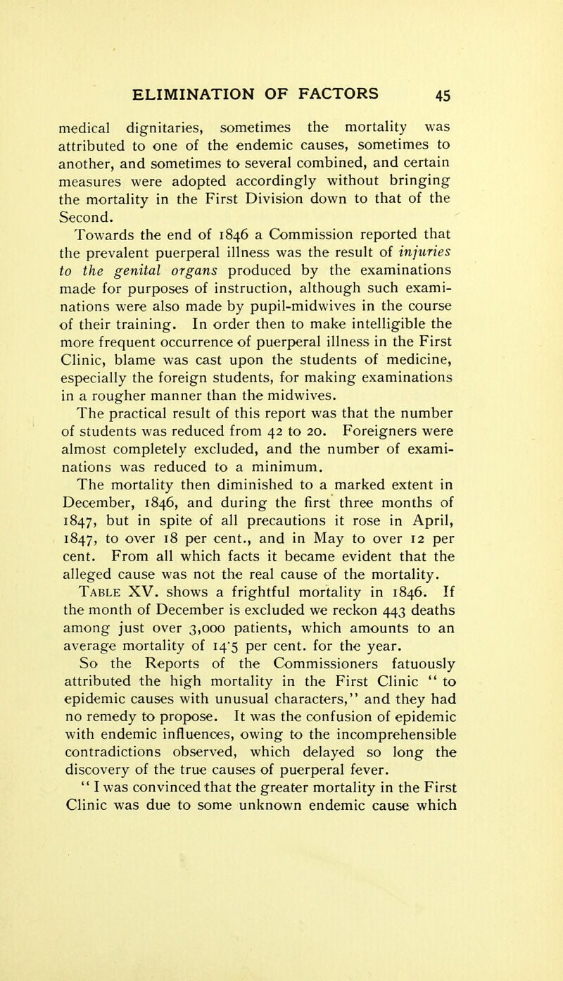 medical dignitaries, sometimes the mortality was attributed to one of the endemic causes, sometimes to another, and sometimes to several combined, and certain measures were adopted accordingly without bringing the mortality in the First Division down to that of the Second. Towards the end of 1846 a Commission reported that the prevalent puerperal illness was the result of injuries to the genital organs produced by the examinations made for purposes of instruction, although such exami- nations were also made by pupil-midwives in the course of their training. In order then to make intelligible the more frequent occurrence of puerperal illness in the First Clinic, blame was cast upon the students of medicine, especially the foreign students, for making examinations in a rougher manner than the midwives. The practical result of this report was that the number of students was reduced from 42 to 20. Foreigners were almost completely excluded, and the number of exami- nations was reduced to a minimum. The mortality then diminished to a marked extent in December, 1846, and during the first three months of 1847, but in spite of all precautions it rose in April, 1847, to over 18 per cent., and in May to over 12 per cent. From all which facts it became evident that the alleged cause was not the real cause of the mortality. Table XV. shows a frightful mortality in 1846. If the month of December is excluded we reckon 443 deaths among just over 3,000 patients, which amounts to an average mortality of i4'5 per cent, for the year. So the Reports of the Commissioners fatuously attributed the high mortality in the First Clinic  to epidemic causes with unusual characters, and they had no remedy to propose. It was the confusion of epidemic with endemic influences, owing to the incomprehensible contradictions observed, which delayed so long the discovery of the true causes of puerperal fever.  I was convinced that the greater mortality in the First Clinic was due to some unknown endemic cause which