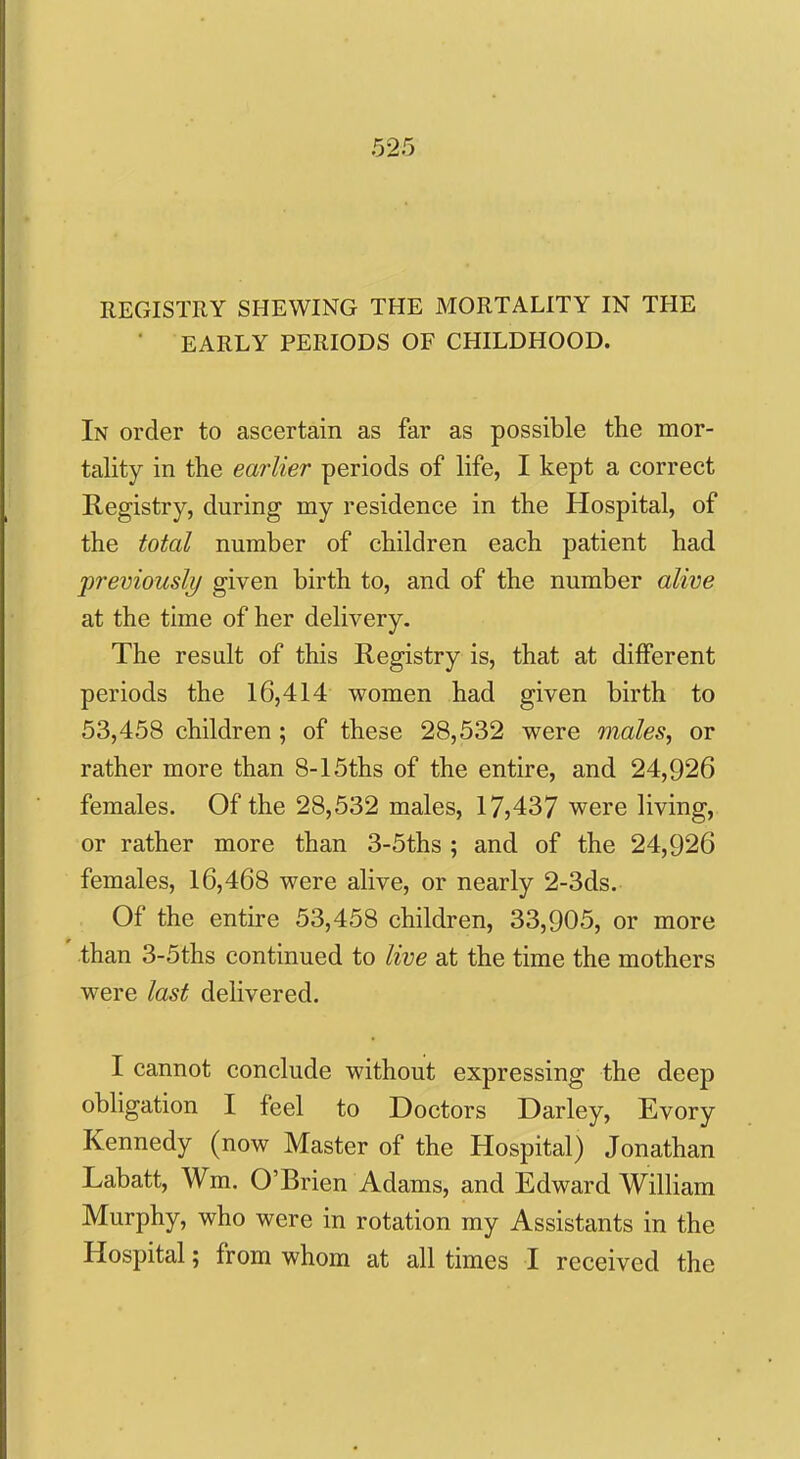 REGISTRY SHEWING THE MORTALITY IN THE ■ EARLY PERIODS OF CHILDHOOD. In order to ascertain as far as possible the mor- tality in the earlier periods of life, I kept a correct Registry, during my residence in the Hospital, of the total number of children each patient had previously given birth to, and of the number alive at the time of her delivery. The result of this Registry is, that at different periods the 16,414 women had given birth to 53,458 children ; of these 28,532 were males, or rather more than 8-15ths of the entire, and 24,926 females. Of the 28,532 males, 17)437 were living, or rather more than 3-5ths ; and of the 24,926 females, 16,468 were alive, or nearly 2-3ds. Of the entire 53,458 children, 33,905, or more than 3-5ths continued to live at the time the mothers were last delivered. I cannot conclude without expressing the deep obligation I feel to Doctors Darley, Evory Kennedy (now Master of the Hospital) Jonathan Labatt, Wm. O'Brien Adams, and Edward William Murphy, who were in rotation my Assistants in the Hospital; from whom at all times I received the