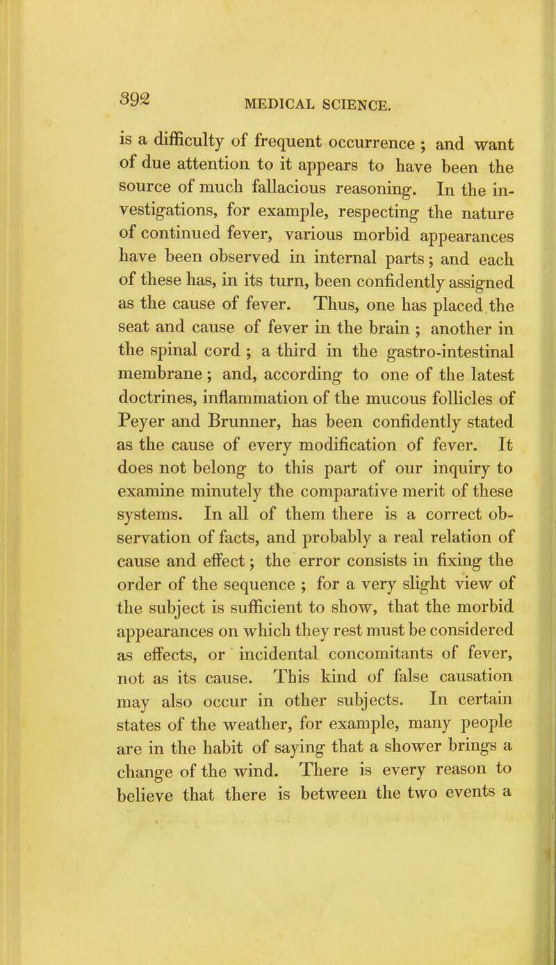 is a difficulty of frequent occurrence ; and want of due attention to it appears to have been the source of much fallacious reasoning. In the in- vestigations, for example, respecting- the nature of continued fever, various morbid appearances have been observed in internal parts; and each of these has, in its turn, been confidently assigned as the cause of fever. Thus, one has placed the seat and cause of fever in the brain ; another in the spinal cord ; a third in the gastro-intestinal membrane ; and, according to one of the latest doctrines, inflammation of the mucous follicles of Peyer and Brunner, has been confidently stated as the cause of every modification of fever. It does not belong to this part of our inquiry to examine minutely the comparative merit of these systems. In all of them there is a correct ob- servation of facts, and probably a real relation of cause and effect; the error consists in fixing the order of the sequence ; for a very slight view of the subject is sufficient to show, that the morbid appearances on which they rest must be considered as effects, or incidental concomitants of fever, not as its cause. This kind of false causation may also occur in other subjects. In certain states of the weather, for example, many people are in the habit of saying that a shower brings a change of the wind. There is every reason to believe that there is between the two events a