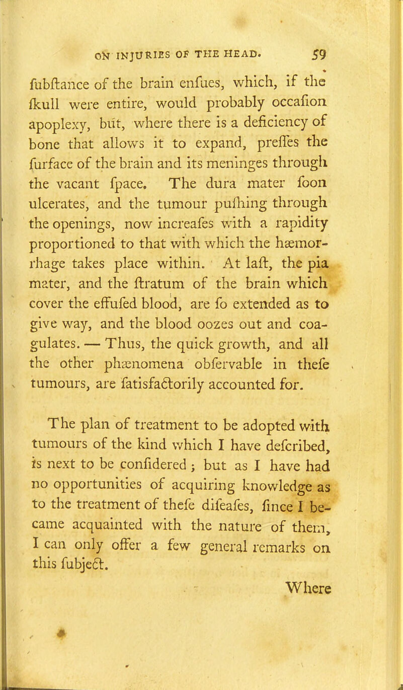 fubftaiice of the brain enfues, which, if the fkuU were entire, would probably occafion apoplexy, but, where there is a deficiency of bone that allows it to expand, prefTes the jfurface of the brain and its meninges through the vacant fpace. The dura mater foon ulcerates, and the tumour puHiing through the openings, now increafes with a rapidity proportioned to that with which the haemor- rhage takes place within. At laft, the pia mater, and the ftratum of the brain which cover the effufed blood, are fo extended as to give way, and the blood oozes out and coa- gulates. — Thus, the quick growth, and all the other pha;nomena obfervable in thefe tumours, are fatisfadorily accounted for. The plan of treatment to be adopted with tumours of the kind v/hich I have defcribed, is next to be confidered ; but as I have had no opportunities of acquiring knowledge as to the treatment of thefe difeafes, fmce I be- came acquainted with the nature of them, I can only offer a few general remarks on this fubjedt. Where