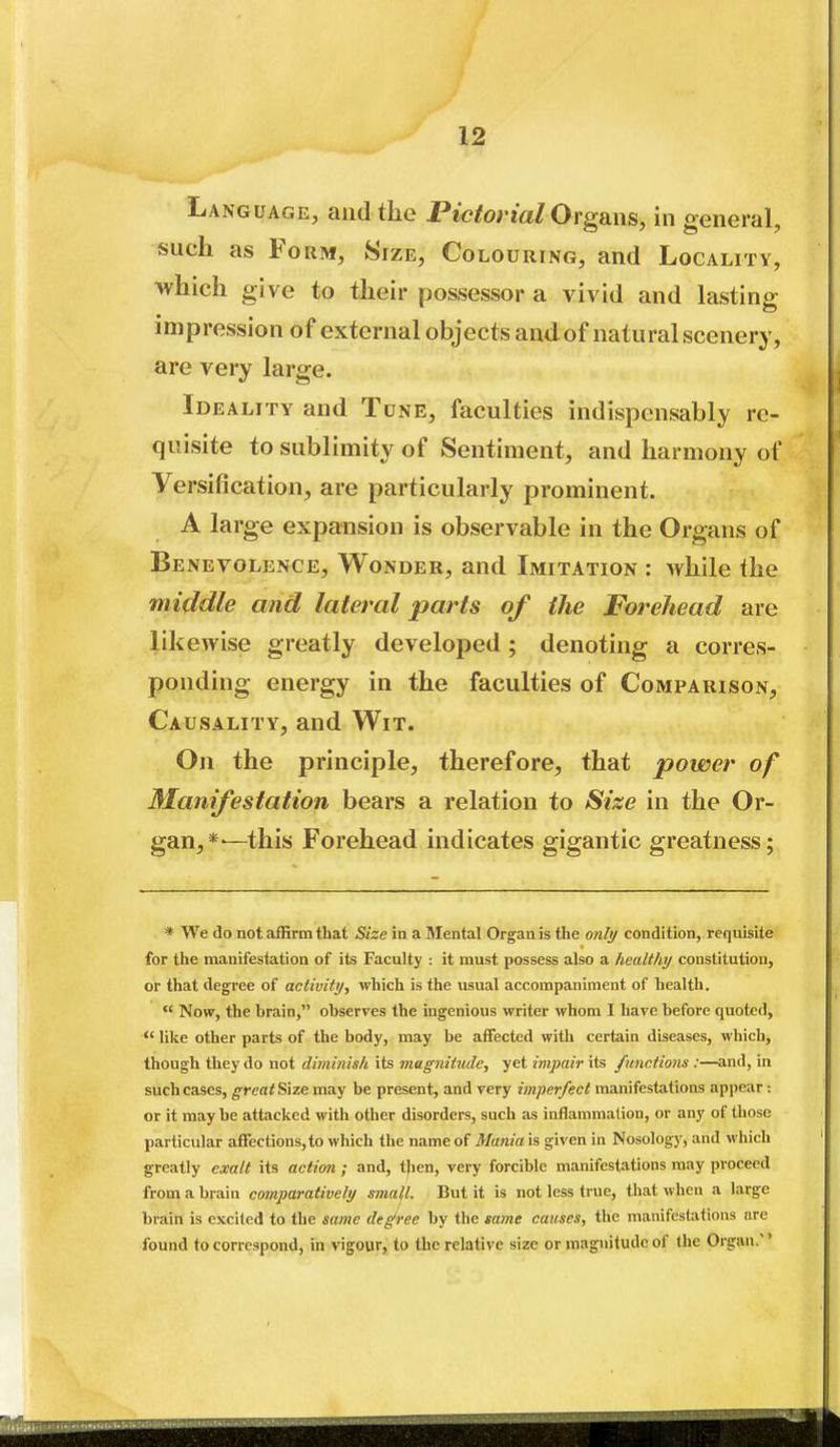 Language, and the Pictorial OrgSins, in general, such as Form, Size, Colouring, and Locality, which give to their possessor a vivid and lasting impression of external objects andof natural scenery, are very large. Ideality and Tune, faculties indispensably re- quisite to sublimity of Sentiment, and harmony of Versification, are particularly prominent. A large expansion is observable in the Organs of Benevolence, Wonder, and Imitation : while the middle and lateral parts of the Forehead are likewise greatly developed; denoting a corres- ponding energy in the faculties of Comparison, Causality, and Wit. On the principle, therefore, that power of Manifestation bears a relation to Size in the Or- gan,*-—this Forehead indicates gigantic greatness; * We do not affirm that Size in a Mental Organ is the onli/ condition, requisite for the manifestation of its Faculty : it must possess also a healthy constitution, or that degree of activity., which is the usual accompaniment of health.  Now, the brain, observes the ingenious writer whom I have before quoted,  like other parts of the body, may be affected with certain diseases, which, though they do not diminish its magnitiule, yet impair its functions :—and, in such cases, great Size may be present, and very iinper/ect manifestations appear: or it may be attacked with other disorders, such as inflammation, or any of those particular affections, to which the name of Mania is given in Nosology, and which greatly exalt its action ; and, t|ien, very forcible manifestations may proceed from a brain comparatively smal,l. But it is not less true, that when a large brain is excited to the same deg'ree by the same causes, the manifestations are found to correspond, in vigour, to the relative size or magnitude of the Organ.