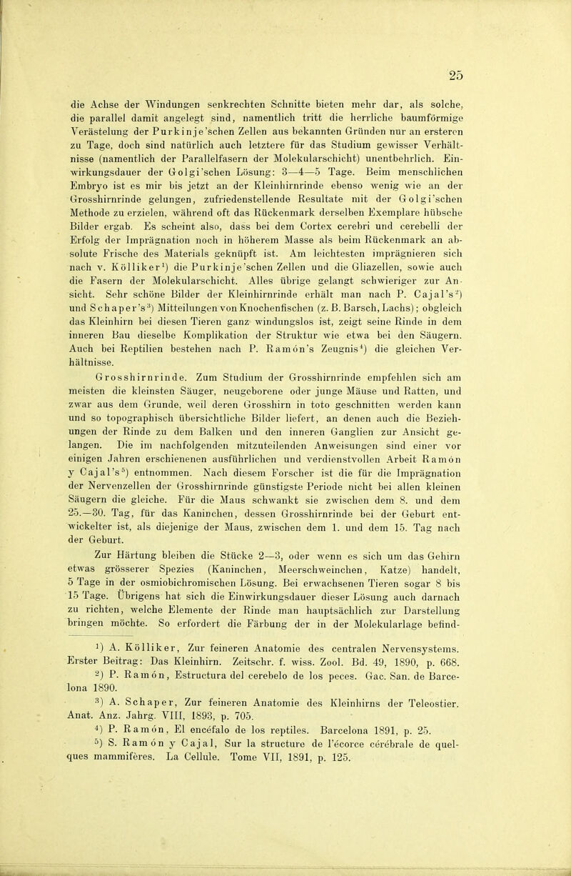 die Achse der Windungen senkrechten Schnitte bieten mehr dar, als solche, die parallel damit angelegt sind, namentlich tritt die herrliche baumförmige Verästelung der Purkin je'schen Zellen aus bekannten Gründen nur an ersteren zu Tage, doch sind natürlich auch letztere für das Studium gewisser Verhält- nisse (namentlich der Parallelfasern der Molekularschicht) unentbehrlich. Ein- wirkungsdauer der G-olgi'sehen Lösung: 3—4—5 Tage. Beim menschlichen Embryo ist es mir bis jetzt an der Kleinhirnrinde ebenso wenig wie an der Grosshirnrinde gelungen, zufriedenstellende Resultate mit der Golgi'schen Methode zu erzielen, während oft das Rückenmark derselben Exemplare hübsche Bilder ergab. Es scheint also, dass bei dem Cortex cerebri und cerebelli der Erfolg der Imprägnation noch in höherem Masse als beim Rückenmark an ab- solute Frische des Materials geknüpft ist. Am leichtesten imprägnieren sich nach v. Kölliker1) die Purkinje'sehen Zellen und die Gliazellen, sowie auch die Fasern der Molekularschicht. Alles übrige gelangt schwieriger zur An sieht. Sehr schöne Bilder der Kleinhirnrinde erhält man nach P. Cajal's2) und Schaper's:!) Mitteilungen von Knochenfischen (z. B. Barsch, Lachs); obgleich das Kleinhirn bei diesen Tieren ganz windungslos ist, zeigt seine Rinde in dem inneren Bau dieselbe Komplikation der Struktur wie etwa bei den Säugern. Auch bei Reptilien bestehen nach P. Ramön's Zeugnis4) die gleichen Ver- hältnisse. Grosshirnrinde. Zum Studium der Grosshirnrinde empfehlen sich am meisten die kleinsten Säuger, neugeborene oder junge Mäuse und Ratten, und zwar aus dem Grunde, weil deren Grosshirn in toto geschnitten werden kann und so topographisch übersichtliche Bilder liefert, an denen auch die Bezieh- ungen der Rinde zu dem Balken und den inneren Ganglien zur Ansicht ge- langen. Die im nachfolgenden mitzuteilenden Anweisungen sind einer vor einigen Jahren erschienenen ausführlichen und verdienstvollen Arbeit Ramön y Cajal's5) entnommen. Nach diesem Forscher ist die für die Imprägnation der Nervenzellen der Grosshirnrinde günstigste Periode nicht bei allen kleinen Säugern die gleiche. Für die Maus schwankt sie zwischen dem 8. und dem 25.—30. Tag, für das Kaninchen, dessen Grosshirnrinde bei der Geburt ent- wickelter ist, als diejenige der Maus, zwischen dem 1. und dem 15. Tag nach der Geburt. Zur Härtung bleiben die Stücke 2—3, oder wenn es sich um das Gehirn etwas grösserer Spezies (Kaninchen, Meerschweinchen, Katze) handelt, 5 Tage in der osmiobichromischen Lösung. Bei erwachsenen Tieren sogar 8 bis 15 Tage. Übrigens hat sich die Einwirkungsdauer dieser Lösung auch darnach zu richten, welche Elemente der Rinde man hauptsächlich zur Darstellung bringen möchte. So erfordert die Färbung der in der Molekularlage befind- J) A. Kölliker, Zur feineren Anatomie des centralen Nervensystems. Erster Beitrag: Das Kleinhirn. Zeitschr. f. wiss. Zool. Bd. 49, 1890, p. 668. 2) P. R amon, Estructura del cerebelo de los peces. Gac. San. de Barce- lona 1890. 3) A. Schaper, Zur feineren Anatomie des Kleinhirns der Teleostier. Anat. Anz. Jahrg. VIII, 1893, p. 705. 4) P. R amön, El encefalo de los reptiles. Barcelona 1891, p. 25. 5) S. Ramön y Cajal, Sur la strueture de l'ecorce cerebrale de quel- ques mammiferes. La Cellule. Tome VII, 1891, p. 125.