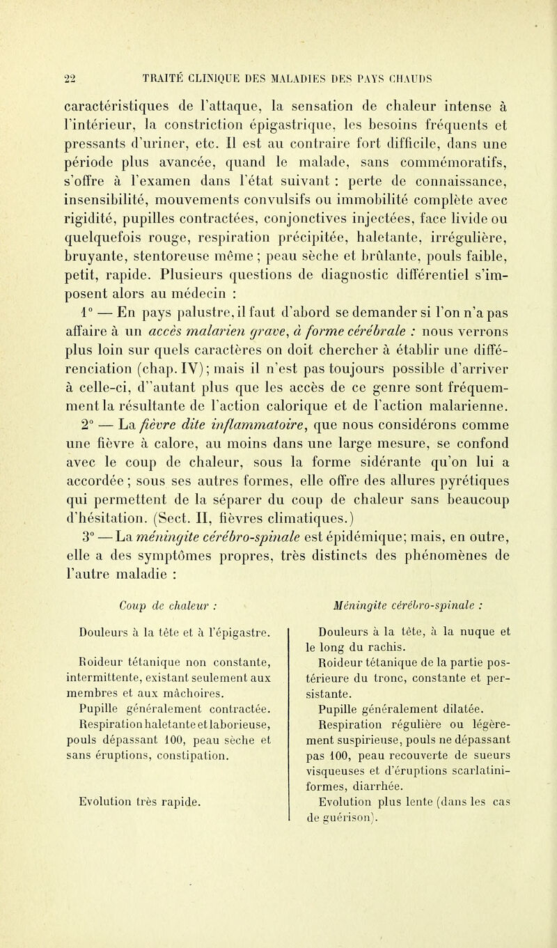 caractéristiques de l'attaque, la sensation de chaleur intense à l'intérieur, la constriction épigastrique, les besoins fréquents et pressants d'uriner, etc. Il est au contraire fort difficile, dans une période plus avancée, quand le naalade, sans commémoratifs, s'offre à l'examen dans l'état suivant : perte de connaissance, insensibilité, mouvements convulsifs ou immobilité complète avec rigidité, pupilles contractées, conjonctives injectées, face livide ou quelquefois rouge, respiration précipitée, haletante, irrégulière, bruyante, stentoreuse même ; peau sèche et brûlante, pouls faible, petit, rapide. Plusieurs questions de diagnostic différentiel s'im- posent alors au médecin : 1° — En pays palustre, il faut d'abord se demander si l'on n'a pas affaire à un accès malarien grave, à forme cérébrale : nous verrons plus loin sur quels caractères on doit chercher à établir une diffé- renciation (chap. IV) ; mais il n'est pas toujours possible d'arriver à celle-ci, dautant plus que les accès de ce genre sont fréquem- ment la résultante de l'action calorique et de l'action malarienne. 2 — La fièvre dite infiammatoire, que nous considérons comme une fièvre à calore, au moins dans une large mesure, se confond avec le coup de chaleur, sous la forme sidérante qu'on lui a accordée ; sous ses autres formes, elle offre des allures pyrétiques qui permettent de la séparer du coup de chaleur sans beaucoup d'hésitation. (Sect. II, fièvres climatiques.) 3° — La méningite cérébro-spinale est épidémique; mais, en outre, elle a des symptômes propres, très distincts des phénomènes de l'autre maladie : Coi<p de chaleur : Douleurs à la tête et à l'épigastre. Roideur tétanique non constante, intermittente, existant seulement aux membres et aux mâchoires. Pupille généralement contractée. Respiration haletante et laborieuse, pouls dépassant 100, peau sèche et sans éruptions, constipation. Evolution très rapide. Méningite céréhro-splnale : Douleurs à la tête, à la nuque et le long du rachis. Roideur tétanique de la partie pos- térieure du tronc, constante et per- sistante. Pupille généralement dilatée. Respiration régulière ou légère- ment suspirieuse, pouls ne dépassant pas 100, peau recouverte de sueurs visqueuses et d'éruptions scarlatini- formes, diarrhée. Evolution plus lente (dans les cas de guérison).