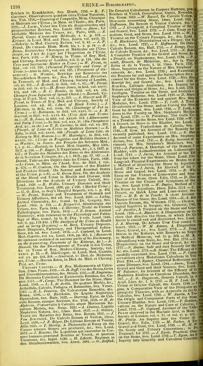 Zeichen in Krankheiten, 8vo. Diusb. 1793. — K. F. GanZr, Observationes qu^dam circa Ur.nae N™, 4to, Tab. \W.-Pourcro,j et Vauquelw, Mem- Cmmique et Medicale sui- rUiine ; in Mem. de I'lnstit., 4to P.iris mg-J io7tt.., Ueher den Urin als diagnost.s, hes und progno^iisches Zeichen 8vo. L'-'f ■•• >«03;-f «f ?e.Uable MeJecin des Urines &c. Far.s, 180... - A. Portal, Couri d'Anatomic M^dicdle, t. v. p. — Kr mcr, in Lnnd. Med. and Phys. Joi.rn vol xvn, 23. -Osborne, in Med. Cliirurg. Review vol. i . 41. _ J. F. Frank De Curaud. Horn. Morb. lib. v 2. p. 18- -^- itecherches Chimiques et Medicales sur I'Uro- fcopie. ou TArt de jnger par Pi,P^<^''°%''« ''S 8vo. Paris, mO. - 1^. Icnnj in Trans o Roy Med and Chirurg. Society of London vol. u. 1?4. Urea and Saccliarine Matter l''Uyme.) - }V Pi out, m ibid., ^ol. viii. .V20. {CkniifCal Properties and Comp. oJ Ur ne. )-Also in .bid., vol. viil. 537. (Trentnien f dis- ordered) - G. m-tilar, Beytrage zur Kennlni»» des Menschlichen Harnes, *:c., 8vo. Fr. 1821.-J. Berzel.ns, in Transact! of Med. and Chirurg. Society of London vol lit 257.-J. Bustoek, in ibid. vol. v. 80.-Pruul, in ibid. vol. ix. 472.-H. Bence Jones, in ib.d vol. xxvi.. 102 ai d 148. - B. C. Brodie, in ibid. vol. xx H2. Chani,esfro,n hijuries oj Spinal Chord.) T,f Vr clop, of I'lact. Med. vol. iv. p. 3o9. — A. Manet and IV. p7out, in Trans, of Ry. Med. and Chiriirg Society of London, vol. xii. 37. (Anal, of Blaek t''?-) - Elliotson, in ibid. vol. xviii. 80. (Discharge of tat in jjrine ) - G. Robinson, in ibid. vol. xxvi. 51- — f- f ■ G« tJ, in il>id- vol-, xxsi. 81. {Urie Acid and Urates in )-H. B. Jones, in ibid. vol. xxxiii. 3\3. (Albuminous and mivlJrine.)-ln ibid. vol. xxx, 21. 0« Phosphoric Arid &c in the.)- T. B. Curling, in ibid. vol. xx. 3<0. (Phosvh.'of Lime in Urine in Mollities Ossium.) — S. Soll7, m ibid. vol. xxvii. 448. (Plwsph. of Lime ta c. in Kidney in Mol. Ossium.) - W. Macintyre in .hid. vol. xxxiii -aI. (Vrme in Fragilitas and Molkties Ossium.) - mehler, in Jonrn. des Progrds des Sciences Med t 1 p 41.JB<;i/oc/Hin Lond. Med. Gazette May 13th, 18)7: p. 244. _ P. Bayer, L'Expenence, &c., t. l»-'7- P- CO?' et Traite des Maladies des Riens et des Alterations de la Secretion Urina.re,_&c. t. i. 1839.,.pp. 57. 47.-^. Donne, Tableau des Depots da.i. les Urines Par.s 1838. Z.L.'Cann, in Mem. de I'Acad. Roy. de Med. t. v ... ~ a-6 l ir.Coulson, On the Diseases of the Bladder ^nd Prostate Gland. On Normal and Anormal States o he Urine, p. 1-81. _ G. Owen Bees, On the Analysis o he Blood and Urine in Health and Disease, with Directions for the Analysis of Urinary Calcul., 8vo. Lrad 1836 -B. Willis, Urinary Diseases and their Treatment, 8vo. Lond. 1838, pp. 1-196. (Morbid Urine ) _ G. 0. Kees, in Guy's Hospital Reports, vol. i. p. 402 _ ly Front Nature and Treatment of Stomach a.id Urinary Affections, 3rd ed. 8vo. Lond. 1840.- Animal Chemistry, &c., transl. by Dr._ Gregory, 8vo. L nd 1842. p. m. - A. Becquerel, Semeiotique des U nes Svo. I'aris, mi.-L'Heritier,Tudti de Ch.m.e Pa ho igiqJe, Hvo. Paris, 1812. _ J. f. S»«o«, Animal Chem °tn, wUl. reference to the Physiology a<l Patho- logy of Min, transl. by G. E. Day 2 vols.. Lond 1846 vol ii pp. 113-312. (The Analysis of the Urine in Health and « 7«™y Dmases.) - G. Bird, Urinary pepos.is, their Diagnosis, Patholo.'V, and Therapeutica hidica- rtois Vth ed. 8vo. Lond: 1853.-J. Copland, m Lond. Med. Gazette, vol. xx. Lond. 1816, pp. itiUJ. (Beasserts m opinions contained in various parts of his Dictionary, on the dcvuratmif Functions of the Kidneys, Ssc.)-A. Has 'all On theDevelopnient of Toruls m the Urine, &c in -n-ans of Roy. Medico-Chirurg. Soc.t;ty, vol. xxxvi p. 25 -iJ. MacGregor, in Lond. Med Gazette, vol xx^pp 224 , 268.-G«md, in Diet de Med.cme, In. Urine-Martin Solon, in Diet, de Med. et Chirurg. ^Uu.NARf Calculi.- H. Bra, Medicamenta ad Calcu- lum I'mo^ Franc. 15.19.-G. H. Byff, C'„<ie^Stems Ones und Nierenblaseiisteins,4to. Strasb. l?4o.-H. fcugerauo, De Medendis Calculosis et Exulceratis Ren.bus,4io. Ca- mer 157.'>-W. Carye, The Hammer for the Stone, 16mo T L'^ L L de Ainila, De quatuor Morbis, &c., Arthdt de^c;kal■or•podagra, et Bup'onibus, 8vo Venet. il^r-B. L. Fonseca, De Calculorum Remediis, 4to. Roma 1586. - G. Bartholin. De Lapide NephrUico Opuscule 8vo. Hafn, - ^^t-H d'e rulo Renum, ejusque Sectione, 4to. Ulm 1528. — tl. ae Alp'''^ Pra^ier'vatio Calculis atque Morbo-™ R iial.um Medela, 4to. Neap. Ctei'W, LapnJ ,s Nephritic! Natura, &c., 12mo. Rost. . - L- uuviei, xStTdes Maladies des Reins, 8vo. Rouen, 1631. - J. Van Bev,-rwick. De Calcolo Renum et Vesicas 12i-.,o. T 1 11-iR 7 F Bil-er De Lithiasi Renum et Vesica, ^'f/i^^rjr*- r SAl^*r'A Philosophir^ Essay on the Ca,?;efwlie;cf-| otT'ar''eprod &c.. 8vo.. Lond. X^T- J Boscins, De Lapidibus qui nascuntur in Cor- JfoiehTimano pTE^c pue Renibus ac Vesica, et .psorum 'cJra ire rto' In^ol. m^.- H. Lib^ti, Rj^— den Steinbeschwerden, 8vo. Arnst, \m.-G.HotJi.nl<, De Genuina Calculorum in Corpore Humano, prsei Renibus et Vesica, Generatione, Signis, Remediis, 4to. Genffi. mi.-W. Busscl, De Calculo VesicSi Discourse concerning Stone, 12mo^ Lond. 1691. Hoffmann, De Ren.im et Vesica; Calculo, 4to. 1703 — J Greenfield, A Compleat Treatise of the and Gravel, 8vo. Lond 1712.- J. C«m, Essay on matism. Gout, and Stone, 8vo. Lond. 1712.-IV. ^ Treatise on the Urinary Passages, &c^, 4to. Lond. — R. Blackmore, Dissertations on a Dropsy, the S &c., 8vo. Lond. 1727.-F. Hoffmann, De Dolo Calculo Renum, 4to. Hall. 1731. - i>^SJ. 0»». de Calculo Renum, &c., 8vo. Leyd 1731.-N. iJo6 A Complete Treatise of the Gravel and Stone, &C. a Dissert, on Nephrotomy, 8vo..Lond. 1734.- sault. Dissert, de Medecine, &c., Sur la Pier Reins et de la Vessie, t. lu. 12mo. Pa'is '736. Shaw, Inquiries on the Nature of Mrs. Stephens caments,\e., 8vo. Lond. 1739 5 and Examinat the Reasons for and against the SulJScP° f,?. cament for the Stone, 8yo. Lond 1739.--iU»i. S( Receipt for, and Gravel, &c., 8vo. Lond 1739. Bracken, Lithiasis Anglicana, An ^7^ Nature and Origin of Stone, *c., 8vo. Lond 1739. Coellonon, Treatise on the Stone and Analysis o Stephens's Medicine, 8vo. Lond. '739.-Hart View of the Evidence for and again t Mrs. Step Medicine, 8vo. Lond. 1739. - T. Lobb, A Treat Dissolvents of the Stone, and on Curing the Sto Gout by Aliment. 8vo. Lond. 1739. - 'f. Lobb, A dress to^he Faculty on Mrs. Stephens's Memca Svo. Lond. 1739. - 0. Pitcairne I he truth Un or a Treatise on the Stone, Svo. Lond. 1739.- IV. A Dissert, on Stone in the Bladder, 4to Lond. 1 H. Boerhaave, Prslectiones de Calculo, 8vo. 1740.-iJ. Gem, An Account of th? Remedy for. recently published, Svo. Lond. Account of some Experiments on Mrs. Stephens. dicines,8vo. Lond. 1741.-7J. Account of ?imem; on Mrs. Stephens's Medicines Svo 1742-J. Parsons, A Descript. of the Human U Bladder, with Animadversions on Lithontriptic Lond. 1742.An Account of the Eff Soap.lye taken for the Stone, 12mo. Lond. 1745 Langrish. Physical Experiments on Brutes to d a Method of dissolving the Stone by Inject om Lond. \n&.-J.Jurin, An Abstract of his C Stone and Gravel, Svo. Lond. 1752.-J- Essay on the Virtues of Luiae-water and SoaP Cure of the Stone. 12ino. Edin. 17.52. - »• Treatise on the Causes and Symptoms, of the &c., Svo. Lond. 1753.- r. Butter Uelhoi of C the Stone by Injections, 12mo. Edin. 17^4. — L. Dfssert on Qu ck Lime and Lime-water, 8yo mi. -H. B^de la Toiiche, A short Account Disease of the Stone, 4to, Load. 1 (64._6.^. a« Calculo Renum, 4to. Wittemb. 1750 - Chiton logical Inquiries in Surgery, 4to. Gloucest. 1766 -J Awsiter, A Treatise on the Stone and Grav Lond. 1766.-^. Blackrie, A Disqu.s.tion on th(, cines that dissolve the Stone, in which Dr. CH Secret is considered and discovered, 8vo. Lond. J. A. Murray, De Arbuto Uv* F'^?l.™'.'-*i„„' Goett 1765. - W M. Adams, A Disquisi ion Sto, e Gravel. Ke., Svo. Lond. 1773. - J. Stones in the Kidneys, with Remarks onNeph. in Medical Museum, vol. lu p. 368. - M. A. Abhandlungvom Stein, &c. S\o- ,]4;- < Disquisitions on the Stone and Gravel, &c 8»o, 1777 -A'. Hulme. Safe and easy Remedy for the &c. 4to. Lond..l778.-iJ. T'V'^ ^''p^Vm candidly examined, 8vo. Lond^l So. - P. Lami servationes circa Mutationes Calculosa in Vesi Pe«t I7S1.-J. Bymer, Chemical Reflections rels Tome Diseases, s/o. Lond. 1784.-^»o«., Treat... Gravel and Gout and the.r Source 8vo Lond. W. Falconer, An Account of the Efficacy of t_h Mephitica Alcalina in Calculous Disorders, 8v 787 _ J. 0. Hagstrom, Genesis Calculi, in il Acad. Linn. &c. t ii., 1787. - H. \I-\f'°% Urinse et Ori^^ine Calculi, 4to. Goett. 1(88. _ I : A Comp^arati;:e V\>w of the Phlogistic an phlogistic Theories, with an A'.pendix on the 0. Calculus, svo. Lond. 1789. - A Tre the origin and Component Parts oi the Ston Urinary Bladder, Svo. ^^''^^■J^'^^■-^;?Z,T vations on the Nature arid Cure of Ca cuius, T>ond 1792.—p. Copland, Account of the Litn Power observed in the Muriatic Acid, in Mem. . Society of London, vol, v. 71. et vol. v.. P- 601.- W. Philip. An Inquiry 'nto/he Cause ot G.-avel, 8vo. Edin. 1792. - M. Forbes A Tre Gravel and Gout, Svo. Lond. 1793. — IV. H. 'c On Gouty and Urinary Concret.ons; in f B_ Transact, for 1797. - J. Earle, Practical 0 se. on the Stone, Svo. Lond. 1793.-7 Ega^'^^^^ 1 Inquiry into Gravelly and Calculous Concret.i