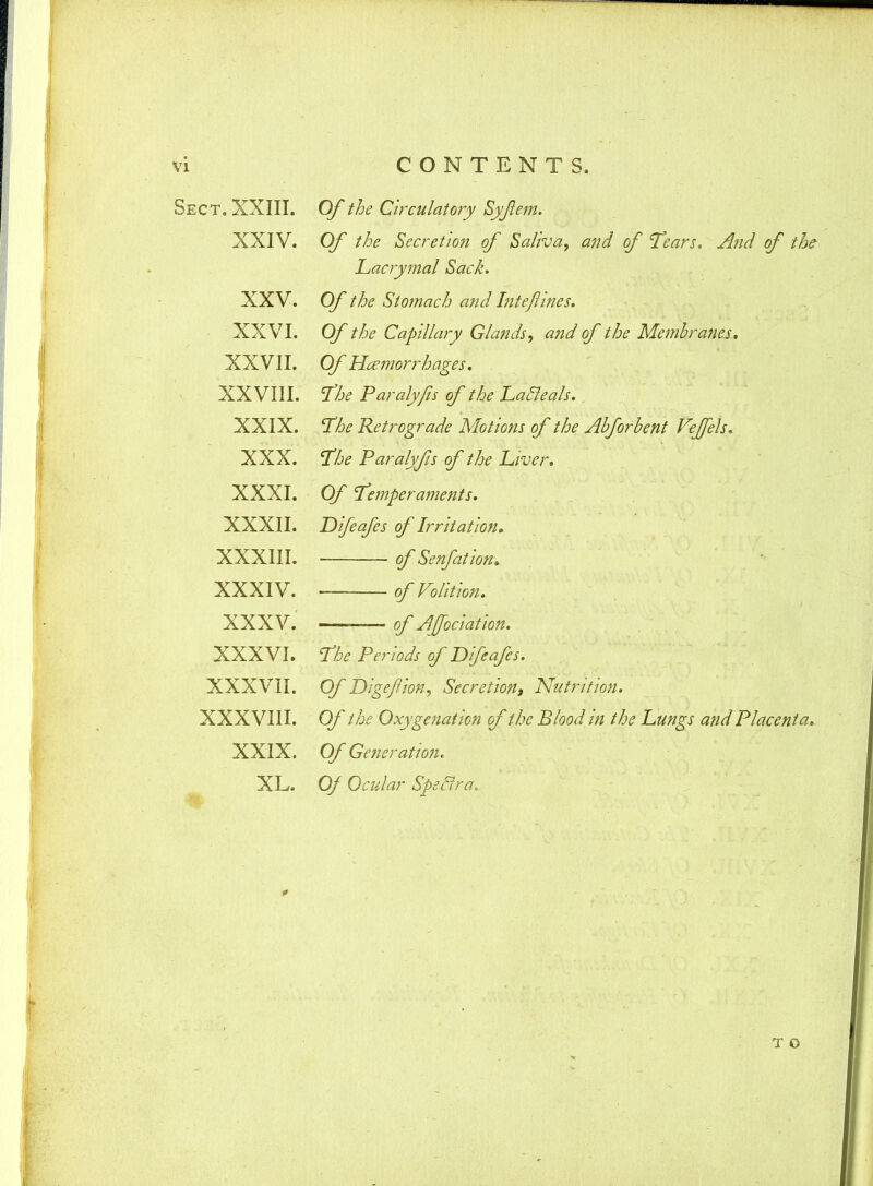Sect. XXIII. XXIV. XXV. XXVI. XXVII. XXVIII. XXIX. XXX. XXXI. XXXII. XXXIII. XXXIV. XXXV. XXXVI. XXXVII. XXXVIII. XXIX. XL. Of the Circulatory Syfem. Of the Secretion of Saliva, and of Tears. And of the- Lacrymal Sack. Of the Stomach and Intejlines. Of the Capillary Glands, and of the Membranes. Of Haemorrhages. 'The Paralyfs of the Lacleals. The Retrograde Motions of the Abforbent Veffels. The Paralyfs of the Liver. Of Temperaments. Difeafes of Irritation. of Sen/at ion* of Volition. ■ ■' of Affociation. The Periods of Difeafes. Of Dige/lion, Secretion, Nutrition. Of the Oxygenation of the Blood in the Lungs and Placenta. Of Generation. Of Ocular Speclra. T O