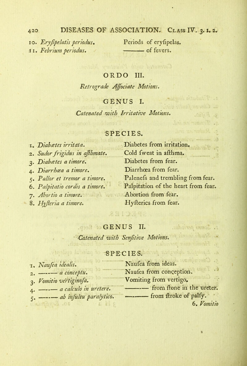 10. Kryfipelatis per iodus. Periods of eryfipelas. 11. Febrium per iodus. —— of fevers. ORDO III. Retrograde AJJociate Motions. GENUS I. Catenated with Irritative Motions» SPECIES. u Diabetes irritata. 2. Sudor frigidus in aflhmate. 3. Diabcetes a timore. 4. Diarrhoea a timore. 5. Pallor et tremor a timore. 6. Palpitatio cordis a timore. 7. Abortio a timore. 8. Hy/leria a timore. Diabetes from irritation. Cold fweat in afthma. Diabetes from fear. Diarrhoea from fear. Palenefs and trembling from fear. Palpitation of the heart from fear. Abortion from fear. Hyfterics from fear. GENUS II. Catenated with Senfitive Motions. SPECIES. 7. Naufea idealis. Naufea from ideas. 2. a conceptu. Naufea from conception. 3. Vomitio vertiginofa. Vomiting from vertigo. 4. a calculo in uretere. from done in the ureter. 5. — ab infultu paralytico. - — from ftroke of palfy. 6. Vomitio