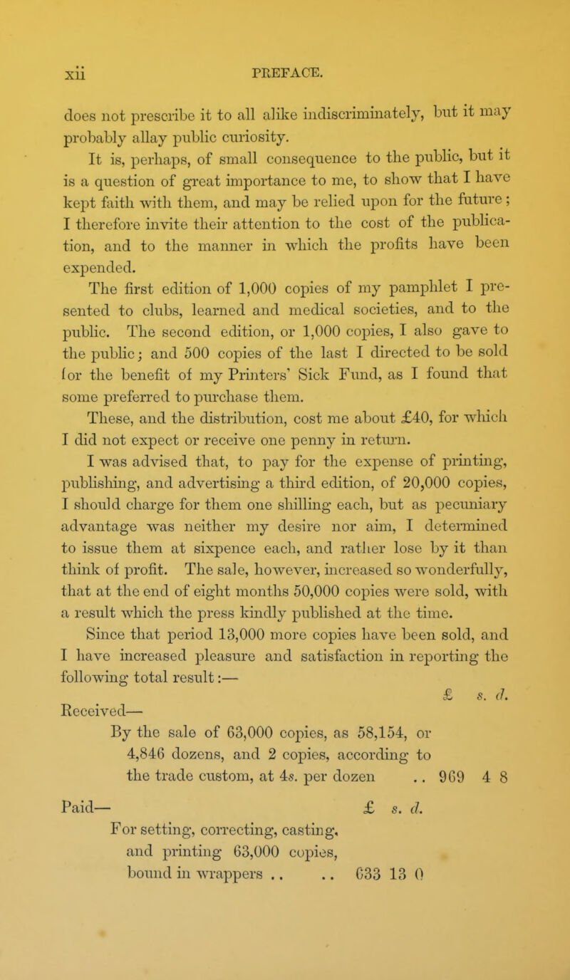 does not prescribe it to all alike indiscriminately, but it may probably allay public curiosity. It is, perhaps, of small consequence to the public, but it is a question of great importance to me, to show that I have kept fiiith with them, and may be relied upon for the future; I therefore invite their attention to the cost of the publica- tion, and to the manner in which the profits have been expended. The first edition of 1,000 copies of my pamphlet I pre- sented to clubs, learned and medical societies, and to the pubhc. The second edition, or 1,000 copies, I also gave to the pubhc; and 500 copies of the last I directed to be sold for the benefit of my Printers' Sick Fund, as I found that some preferred to purchase them. These, and the distribution, cost me about £40, for which I did not expect or receive one penny in return. I was advised that, to pay for the expense of printing, publishing, and advertising a third edition, of 20,000 copies, I should charge for them one shilling each, but as pecuniary advantage was neither my desire nor aim, I determined to issue them at sixpence each, and rather lose by it than think of profit. The sale, however, increased so wonderfully, that at the end of eight months 50,000 copies were sold, with a result which the press kindly published at the time. Since that period 13,000 more copies have been sold, and I have increased pleasure and satisfaction in reporting the following total result:— £ s. (J. Received— By the sale of 63,000 copies, as 58,154, or 4,846 dozens, and 2 copies, according to the trade custom, at 45. per dozen .. 969 4 8 Paid— £ s. d. For setting, correcting, castnig, and printing 63,000 copies, bound in wrappers .. .. 033 13 0