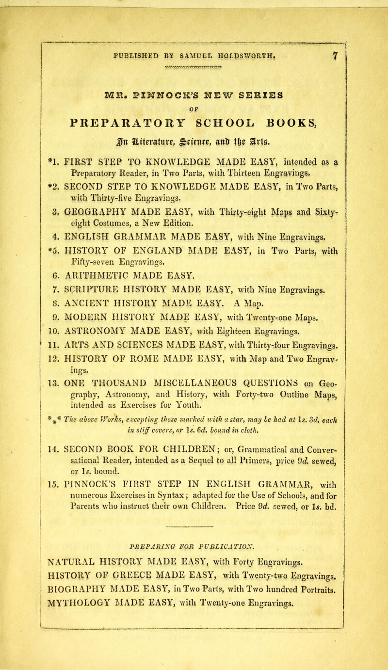 VV»A ytv\*rt. v^%^ WV* *V*''> VW%V* OF PREPARATORY SCHOOL BOOKS, Jn iliteraturf, §^tim(t, anU tU ^vts. n. FIRST STEP TO KNOWLEDGE MADE EASY, intended as a Preparatory Reader, in Two Parts, with Thirteen Engravings. *2. SECOND STEP TO KNOWLEDGE MADE EASY, in Two Parts, with Thirty-five Engravings. 3. GEOGRAPHY MADE EASY, with Thii'ty-eight Maps and Sixty- eight Costumes, a New Edition. 4. ENGLISH GRAMMAR MADE EASY, with Nine Engravings. *5. HISTORY OF ENGLAND MADE EASY, in Two Parts, with Fifty-seven Engravings. 6. ARITHMETIC MADE EASY. 7. SCRIPTURE HISTORY MADE EASY, with Nine Engravings. 8. ANCIENT HISTORY MADE EASY. A Map. 9. MODERN HISTORY MADE EASY, with Twenty-one Maps. 10. ASTRONOMY MADE EASY, with Eighteen Engravings. 11. ARTS AND SCIENCES MADE EASY, with Thirty-four Engravings. 12. PHSTORY OF ROME MADE EASY, with Map and Two Engrav- ings. 13. ONE THOUSAND MISCELLANEOUS QUESTIONS on Geo- graphy. Astronomy, and History, with Forty-two Outhne Maps, intended as Exercises for Youth. The above Worhs, excepting those marlced with a star, may he had at Is. 3d. each in stiff covers, or Is. 6d. bound in cloth. 14. SECOND BOOK FOR CHILDREN; or. Grammatical and Conver- sational Reader, intended as a Sequel to all Primers, price 9d. sewed, or 1.9. hound. 15. PJNNOCK'S FIRST STEP IN ENGLISH GRAMMAR, with numerous Exercises in Syntax; adapted for the Use of Schools, and for Parents who instruct their own Children. Price 9d. sewed, or 1*. bd. PREPARING FOR PUBLICATION. NATURAL HISTORY ]\TADE EASY, with Forty Engravings. HISTORY OF GREECE MADE EASY, with Twenty-two Engravings. BIOGRAPHY MADE EASY, in Two Parts, with Two hundred Portraits. MYTHOLOGY MADE EASY, with Twenty-one Engravings.