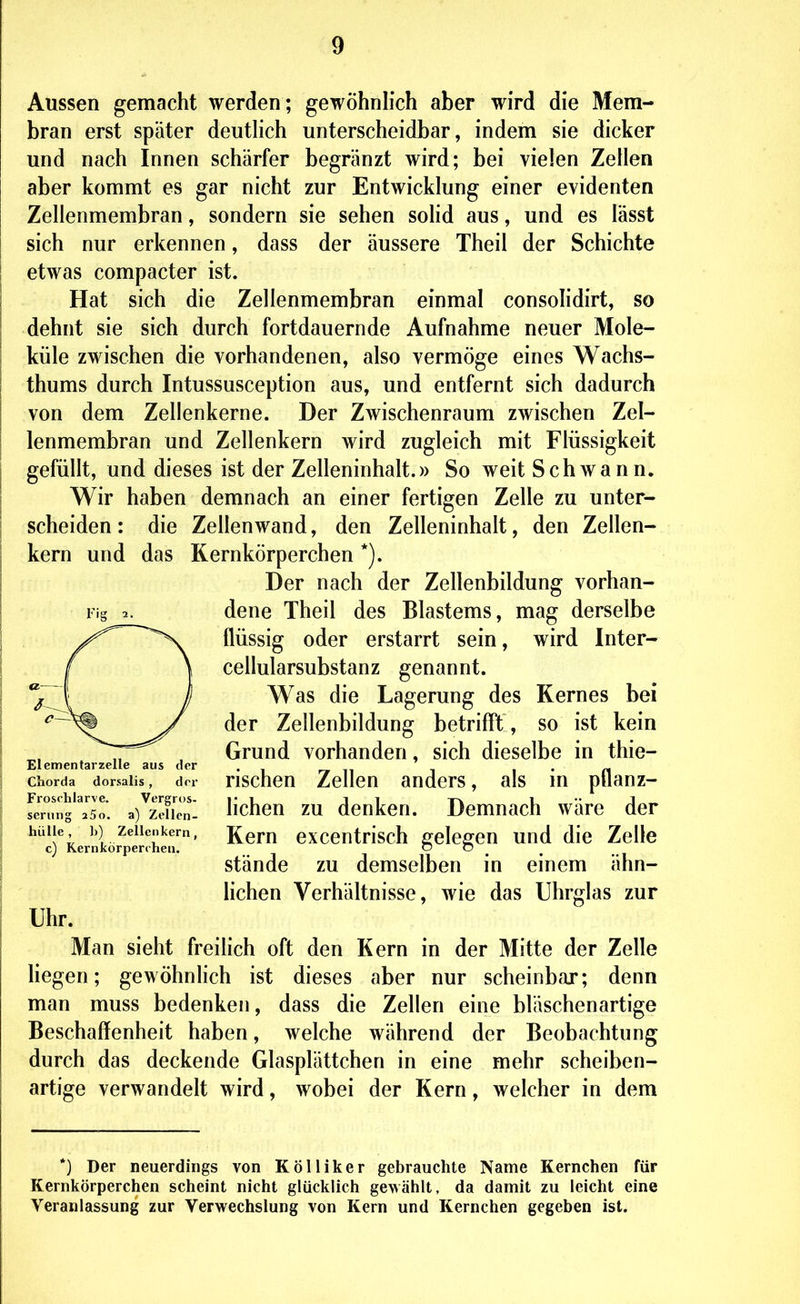 Aussen gemacht werden; gewöhnlich aber wird die Mem- bran erst später deutlich unterscheidbar, indem sie dicker und nach Innen schärfer begränzt wird; bei vielen Zellen aber kommt es gar nicht zur Entwicklung einer evidenten Zellenmembran, sondern sie sehen soHd aus, und es lässt sich nur erkennen, dass der äussere Theil der Schichte etwas compacter ist. Hat sich die Zellenmembran einmal consolidirt, so dehnt sie sich durch fortdauernde Aufnahme neuer Mole- küle zwischen die vorhandenen, also vermöge eines Wachs- thums durch Intussusception aus, und entfernt sich dadurch von dem Zellenkerne. Der Zwischenraum zwischen Zel- lenmembran und Zellenkern wird zugleich mit Flüssigkeit gefüllt, und dieses ist der Zelleninhalt.» So weit Schwann. Wir haben demnach an einer fertigen Zelle zu unter- scheiden : die Zellenwand, den Zelleninhalt, den Zellen- kern und das Kernkörperchen *). Der nach der Zellenbildung vorhan- dene Theil des Blastems, mag derselbe flüssig oder erstarrt sein, wird Inter- cellularsubstanz genannt. Was die Lagerung des Kernes bei der Zellenbildung betrifft , so ist kein Grund vorhanden, sich dieselbe in thie- Elementarzelle aus der . n i i • M Chorda dorsaiis, der Hscheu Zellcu andcrs, als m pllanz- fen'ng'\o. a)^zcncn^ ücheu ZU dcnkeu. Demnach wäre der hülle ])) Zellenkern, J^eTu exccntHsch ffelegeu und die Zelle c) Kernkörperchen. o D _ ^ stände zu demselben in einem ähn- Hchen Verhältnisse, wie das Uhrglas zur Uhr. Man sieht freilich oft den Kern in der Mitte der Zelle hegen; gewöhnlich ist dieses aber nur scheinbar; denn man muss bedenken, dass die Zellen eine bläschenartige Beschaffenheit haben, welche während der Beobachtung durch das deckende Glasplättchen in eine mehr scheiben- artige verwandelt wird, wobei der Kern, welcher in dem *) Der neuerdings von KöUiker gebrauchte Name Kernchen für Kernkörperchen scheint nicht glücklich gewählt, da damit zu leicht eine Veranlassung zur Verwechslung von Kern und Kernchen gegeben ist.