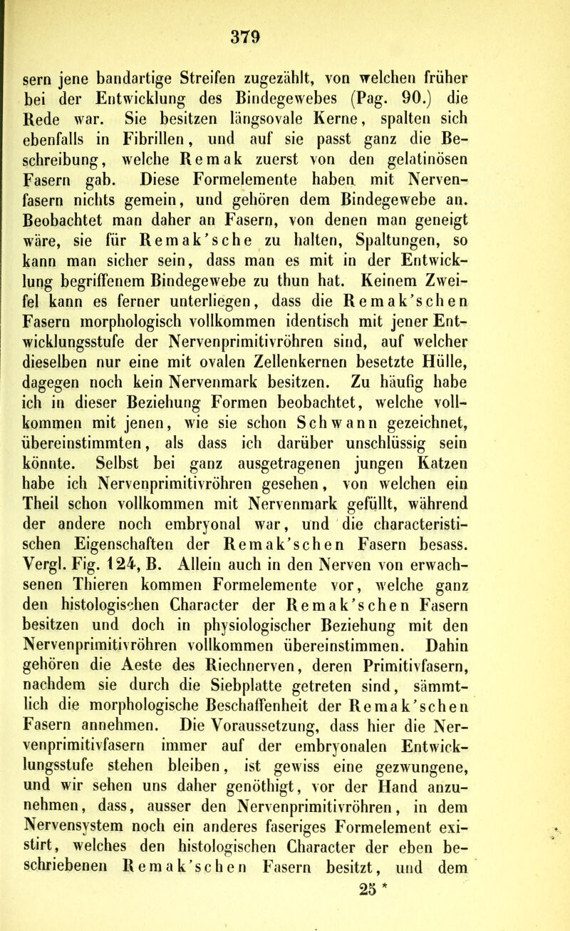 Sern jene bandartige Streifen zugezählt, von welchen früher bei der Entwicklung des Bindegewebes (Pag. 90.) die Rede war. Sie besitzen längsovale Kerne, spalten sich ebenfalls in Fibrillen, und auf sie passt ganz die Be- schreibung, welche Remak zuerst von den gelatinösen Fasern gab. Diese Formelemente haben mit Nerven- fasern nichts gemein, und gehören dem Bindegewebe an. Beobachtet man daher an Fasern, von denen man geneigt wäre, sie für Remak's che zu halten, Spaltungen, so kann man sicher sein, dass man es mit in der Entwick- lung begriffenem Bindegewebe zu thun hat. Keinem Zwei- fel kann es ferner unterhegen, dass die Remak'schen Fasern morphologisch vollkommen identisch mit jener Ent- wicklungsstufe der Nervenprimitivröhren sind, auf welcher dieselben nur eine mit ovalen Zellenkernen besetzte Hülle, dagegen noch kein Nervenmark besitzen. Zu häufig habe ich in dieser Beziehung Formen beobachtet, welche voll- kommen mit jenen, wie sie schon Schwann gezeichnet, übereinstimmten, als dass ich darüber unschlüssig sein könnte. Selbst bei ganz ausgetragenen jungen Katzen habe ich Nervenprimitivröhren gesehen, von welchen ein Theil schon vollkommen mit Nervenmark gefiillt, während der andere noch embryonal war, und die characteristi- schen Eigenschaften der Remak'schen Fasern besass. Vergl. Fig. 124, B. Allein auch in den Nerven von erwach- senen Thieren kommen Formelemente vor, welche ganz den histologischen Character der Remak'schen Fasern besitzen und doch in physiologischer Beziehung mit den Nervenprimitivröhren vollkommen übereinstimmen. Dahin gehören die Aeste des Riechnerven, deren Primitivfasern, nachdem sie durch die Siebplatte getreten sind, sämmt- hch die morphologische Beschaffenheit der Remak'schen Fasern annehmen. Die Voraussetzung, dass hier die Ner- venprimitivfasern immer auf der embryonalen Entwick- lungsstufe stehen bleiben, ist gewiss eine gezwungene, und wir sehen uns daher genöthigt, vor der Hand anzu- nehmen , dass, ausser den Nervenprimitivröhren, in dem Nervensystem noch ein anderes faseriges Formelement exi- stirt, welches den histologischen Character der eben be- schriebenen Remak'schen Fasern besitzt, und dem 25*