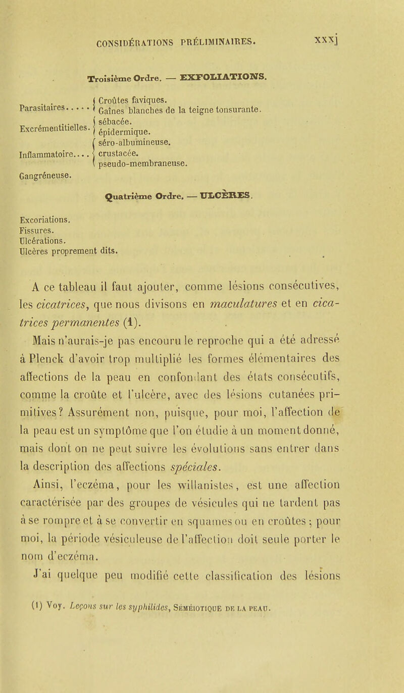 Troisième Ordre. — EXTOIIATIONS. | Croûtes faviques. Parasitaires j gaines blanches de la teigne tonsurante. épidermique. ( séro-albumineuse. Inflammatoire l crustacée. ( pseudo-membraneuse. Gangreneuse. Quatrième Ordre. — UXCÈRES. Excoriations. Fissures. Ulcérations. Ulcères proprement dits. A ce tableau il faut ajouter, comme lésions consécutives, les cicatrices, que nous divisons en maculatures et en cica- trices permanentes {\). Mais n'aurais-je pas encouru le reproche qui a été adressé à Plenck d'avoir trop multiplié les formes élémentaires des affections de la peau en confondant des états consécutifs, comme la croûte et l'ulcère, avec des lésions cutanées pri- mitives? Assurément non, puisque, pour moi, l'affection de la peau est un symptôme que l'on étudie à un moment donné, mais dont on ne peut suivre les évolutions sans entrer dans la description des affections spéciales. Ainsi, l'eczéma, pour les willanistes, est une affection caractérisée par des groupes de vésicules qui ne tardent pas àse rompreet à se convertir en squames ou en croûtes; pour moi, la période vésiculeuse de l'affection doit seule porter le nom d'eczéma. J'ai quelque peu modifié cette classification des lésions (1) Voy. Leçons sur les syphilides, Séméiotique de la peau.