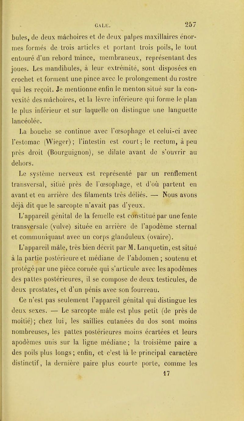 bules, tic deux mâchoires et de deux palpes maxillaires énor- mes formés de trois articles et portant trois poils, le tout entouré d'un rebord mince, membraneux, représentant des joues. Les mandibules, à leur extrémité, sont disposées en crochet et forment une pince avec le prolongement du rostre qui les reçoit. Je mentionne enfin le menton situé sur la con- vexité des mâchoires, et la lèvre inférieure qui forme le plan le plus inférieur et sur laquelle on distingue une languette lancéolée. La bouche se continue avec l'œsophage et celui-ci avec l'estomac (Wieger) ; l'intestin est court; le rectum, à peu près droit (Bourguignon), se dilate avant de s'ouvrir au dehors. Le système nerveux est représenté par un renflement transversal, situé près de l'œsophage, et d'où partent en avant et en arrière des filaments très déliés. — Nous avons déjà dit que le sarcopte n'avait pas d'yeux. L'appareil génital de la femelle est constitué par une fente transversale (vulve) située en arrière de l'apodème slernal et communiquant avec un corps glanduleux (ovaire). L'appareil mâle, très bien décrit par M. Lanquetin, est situé à la partie postérieure et médiane de l'abdomen ; soutenu et protégé par une pièce cornée qui s'articule avec les apodèmes des pattes postérieures, il se compose de deux testicules, de deux prostates, et d'un pénis avec son fourreau. Ce n'est pas seulement l'appareil génital qui distingue les deux sexes. — Le sarcopte mâle est plus petit (de près de moitié); chez lui, les saillies cutanées du dos sont moins nombreuses, les pattes postérieures moins écartées et leurs apodèmes unis sur la ligne médiane; la troisième paire a des poils plus longs; enfin, et c'est là le principal caractère dislinclif, la dernière paire plus courte porte, comme les