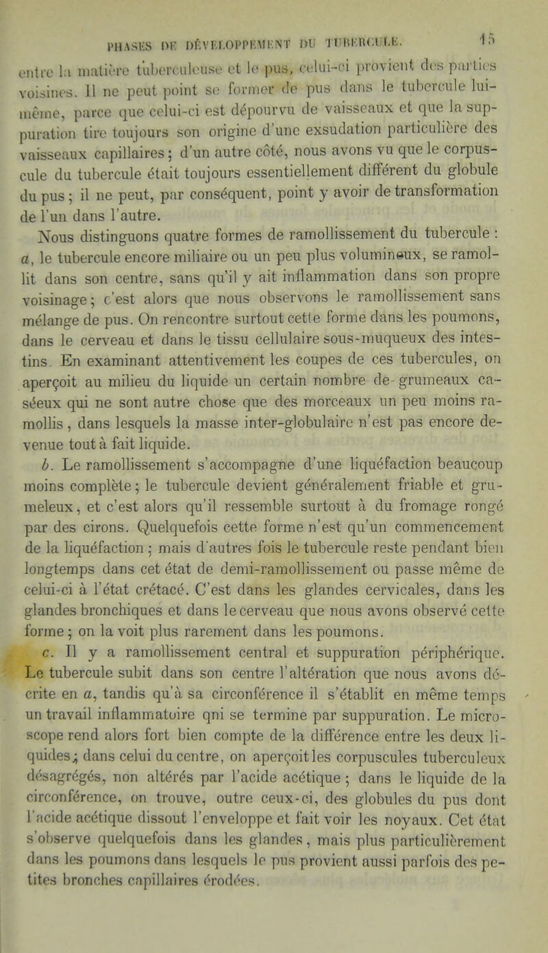 PHASKS m nfiVïiï.OPPKMKNT DU TtFBEttCMLfc. entre la matière tuberculeuse et le pus, celui-ci provient des parties voisines. Il ne peut point se former de pus dans le tubercule lui- même, parce que celui-ci est dépourvu de vaisseaux et que la sup- puration tire toujours son origine d'une exsudation particulière des vaisseaux capillaires ; d'un autre côté, nous avons vu que le corpus- cule du tubercule était toujours essentiellement différent du globule du pus; il ne peut, par conséquent, point y avoir de transformation de l'un dans l'autre. Nous distinguons quatre formes de ramollissement du tubercule : a, le tubercule encore miliaire ou un peu plus volumineux, se ramol- lit dans son centre, sans qu'il y ait inflammation dans son propre voisinage; c'est alors que nous observons le ramollissement sans mélange de pus. On rencontre surtout cette forme dans les poumons, dans le cerveau et dans le tissu cellulaire sous-muqueux des intes- tins En examinant attentivement les coupes de ces tubercules, on aperçoit au milieu du liquide un certain nombre de grumeaux ca- séeux qui ne sont autre chose que des morceaux un peu moins ra- mollis , dans lesquels la masse inter-globulaire n'est pas encore de- venue tout à fait liquide. b. Le ramollissement s'accompagne d'une liquéfaction beaucoup moins complète; le tubercule devient généralement friable et gru- meleux, et c'est alors qu'il ressemble surtout à du fromage rongé par des cirons. Quelquefois cette forme n'est qu'un commencement de la liquéfaction : mais d'autres fois le tubercule reste pendant bien longtemps dans cet état de demi-ramollissement ou passe même de celui-ci à l'état crétacé. C'est dans les glandes cervicales, dans les glandes bronchiques et dans le cerveau que nous avons observé cette forme ; on la voit plus rarement dans les poumons. c. Il y a ramollissement central et suppuration périphérique. Le tubercule subit dans son centre l'altération que nous avons dé- crite en a, tandis qu'à sa circonférence il s'établit en même temps - un travail inflammatoire qni se termine par suppuration. Le micro- scope rend alors fort bien compte de la différence entre les deux li- quides,; dans celui du centre, on aperçoitles corpuscules tuberculeux désagrégés, non altérés par l'acide acétique ; dans le liquide de la circonférence, on trouve, outre ceux-ci, des globules du pus dont l'acide acétique dissout l'enveloppe et fait voir les noyaux. Cet état s'observe quelquefois dans les glandes, mais plus particulièrement dans les poumons dans lesquels le pus provient aussi parfois des pe- tites bronches capillaires crodées.