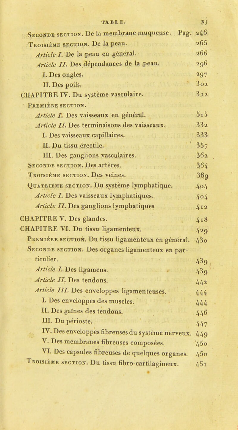 TABLE. XJ Seconde section. De la membrane muqueuse. Pag. 246 Troisième section. De la peau. 266 Article I. De la peau en général. 266 Article IL Des dépendances de la peau. 296 I. Des ongles. 29? II. Des poils. 302 CHAPITRE IV. Du système vasculaire. 312 Première section. Article I. Des vaisseaux en général. 515 Article IL Des terminaisons des vaisseaux. 332 I. Des vaisseaux capillaires. 333 II. Du tissu érectile. 357 III. Des ganglions vasculaires. 362 Seconde section. Des artères. 364 Troisième section. Des veines. 38g Quatrième section. Du système lymphatique. 404 Article I. Des vaisseaux lymphatiques. 404 Article IL Des ganglions lymphatiques 412 CH APIT RE V. D es glandes. 418 CHAPITRE VI. Du tissu ligamenteux. 429 Première section. Du tissu ligamenteux en général. 43o Seconde section. Des organes ligamenteux en par- ticulier. 43g Article 1. Des ligamens. 43g ' Article IL Des tendons. Article III. Des enveloppes ligamenteuses. 444 I. Des enveloppes des muscles. 444 IL Des gaines des tendons. 446 III. Du périoste. ^ IV. Des enveloppes fibreuses du système nerveux. 449 V. Des membranes fibreuses composées. 7,5o VI. Des capsules fibreuses de quelques organes. 45o Troisième section. Du tissu fibro-cartilagineux. 45i