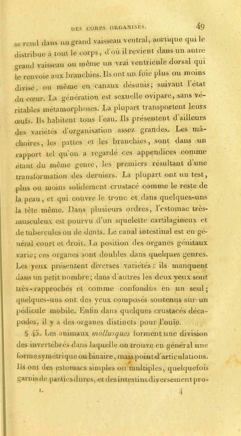 „ rnul dans un grand vaisseau ventral, aortique qui le distribue à mut le corps, d'où il revient dans un autre grand vaisseau ou même un vrai ventricule dorsal qui le renvoie aux branchies. Ils ont un fpie plus ou moins divisé, ou même en canaux désunis; suivant l'état du cœur. La génération est sexuelle ovipare, sans vé- ritables métamorphoses. La plupart transportent leurs œufs. Ils habitent tous leau. Ils présentent d'ailleurs des variétés d'organisation assez grandes. Les mâ- choires, les pattes et les branchies, sont dans un rapport tel qu'on a regardé ces appendices comme étant du même genre, les premiers résultant d'une transformation des derniers. La plupart ont un test, plus ou moins solidement crustacé comme le reste de la peau, et qui couvre le tronc et dans quelques-uns la tête même. Dans plusieurs ordres, l'estomac très- musculeux est pourvu d'un squelette cartilagineux et de tubercules ou de dents. Le canal intestinal est en gé- néral court et droit. La position des organes génitaux varie; ces organes sont doubles dans quelques genres. Les yeux présentent diverses variétés : ils manquent clans un petit nombre; dans d'autres les deux yeux sont très-rapprochés et comme confondus en un seul; quelques-uns ont des yeux composés soutenus sur un pédicule mobile. Enfin dans quelques crustacés déca- podes, il y a des organes distincts pour l'ouïe. § 45- Les animaux mollusques forment une division des invertébrés dans laquelle on trouve en général une forme symétrique ou binaire, mais point d'articulations. Ils ont des estomacs simples ou multiples, quelquefois garnis de parties dures, etdesintestinsdiyerseinentpro*-