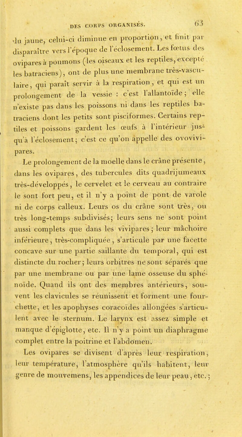 dn jaune, celui-ci diminue en proportion, et finit par disparaître vers l'époque de l'éclosement. Les fœtus des ovipares à poumons (les oiseaux et les reptiles, excepté les batraciens), ont de plus une membrane très-vascu- laire, qui paraît servir à la respiration, et qui est un prolongement de la vessie : c'est l'allantoïde ; elle n'existe pas dans les poissons ni dans les reptiles ba- traciens dont les petits sont pisciformes. Certains rep- tiles et poissons gardent les œufs à l'intérieur jus- qu'à l'éclosement; c'est ce qu'on appelle des ovovivi- pares. Le prolongement de la moelle dans le crâne présente, dans les ovipares, des tubercules dits quadrijumeaux très-développés , le cervelet et le cerveau au contraire le sont fort peu, et il n'y a point de pont de varole ni de corps calleux. Leurs os du crâne sont très, ou très long-temps subdivisés; leurs sens ne sont point aussi complets que dans les vivipares ; leur mâchoire inférieure, très-compliquée, s'articule par une facette concave sur une partie saillante du temporal, qui est distincte du rocher; leurs orbitres ne sont séparés que par une membrane ou par une lame osseuse du sphé- noïde. Quand ils ont des membres antérieurs, sou- vent les clavicules se réunissent et forment une four- chette, et les apophyses coracoïdes allongées s'articu- lent avec le sternum. Le larynx est assez simple et manque d'épiglotte, etc. 11 n'y a point un diaphragme complet entre la poitrine et l'abdomen. Les ovipares se divisent d'après leur respiration, leur température, l'atmosphère qu'ils habitent, leur genre de mouvemens, les appendices de leur peau, etc. ;