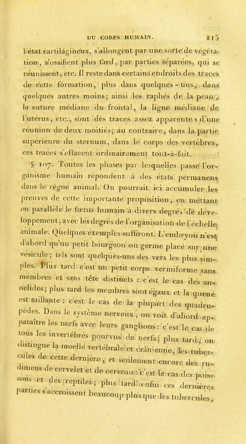 1 état èartitdgiheb», s'allongent par une sorte de végéta- tion , s'ossifient plus tard, par parties séparées, qui se réunissent, etc. Il reste dans certains endroits des traces de cette formation, plus dans quelques -Uns,, dans quelques autres moins; ainsi les raphés de la peau , la suture médiane du frontal, la ligne médiane de l'utérus, etc., sont des traces assez apparente s d'une réunion de deux moitiés; au contraire, dans la partie supérieure du sternum, dans le corps des vertèbres, ces traces s'effacent ordinairement tout-à-fait. § 107. Toutes les phases par lesquelles passe l'or- ganisme humain répondent à des états permanens dans le règne animal. On pourrait ici accumuler les preuves de cette importante proposition, en mettant en parallèle le fœtus humain à divers degrés dé déve- loppement, avec les degrés de l'organisation de l'échelle animale. Quelques exemples suffiront. L'embryon ii/estj d'abord qu'un petit bourgeon .ou germe placé sur une vésicule ; tels sont quelques-uns des vers les plus sim- ples. Plus tard c'est un petit corps vermiforme sans memhres et sans tête distincts : c'est le cas des un uelides; plus tard les membres sont égaux et la queue est saillante : c'est le cas de la plupart des quadru- pèdes. Dans le système nerveux , on voit d'abord .p. paraître les nerfs avec leurs ganglions : c'est le cas de tous les m vertébrés pourvus de nerfs; plus tard, on «langue la moelle vertébrale et crânienne, le, arbor- ées démette dernière, et seulement encore des ru- dnnens de cervelet et de cerveau : c'est le cas des pois, -s et des reptiles ; p|,ls tar(1; (,)fill ^ Part.es « accroissent beaucoup pins que les tubercule