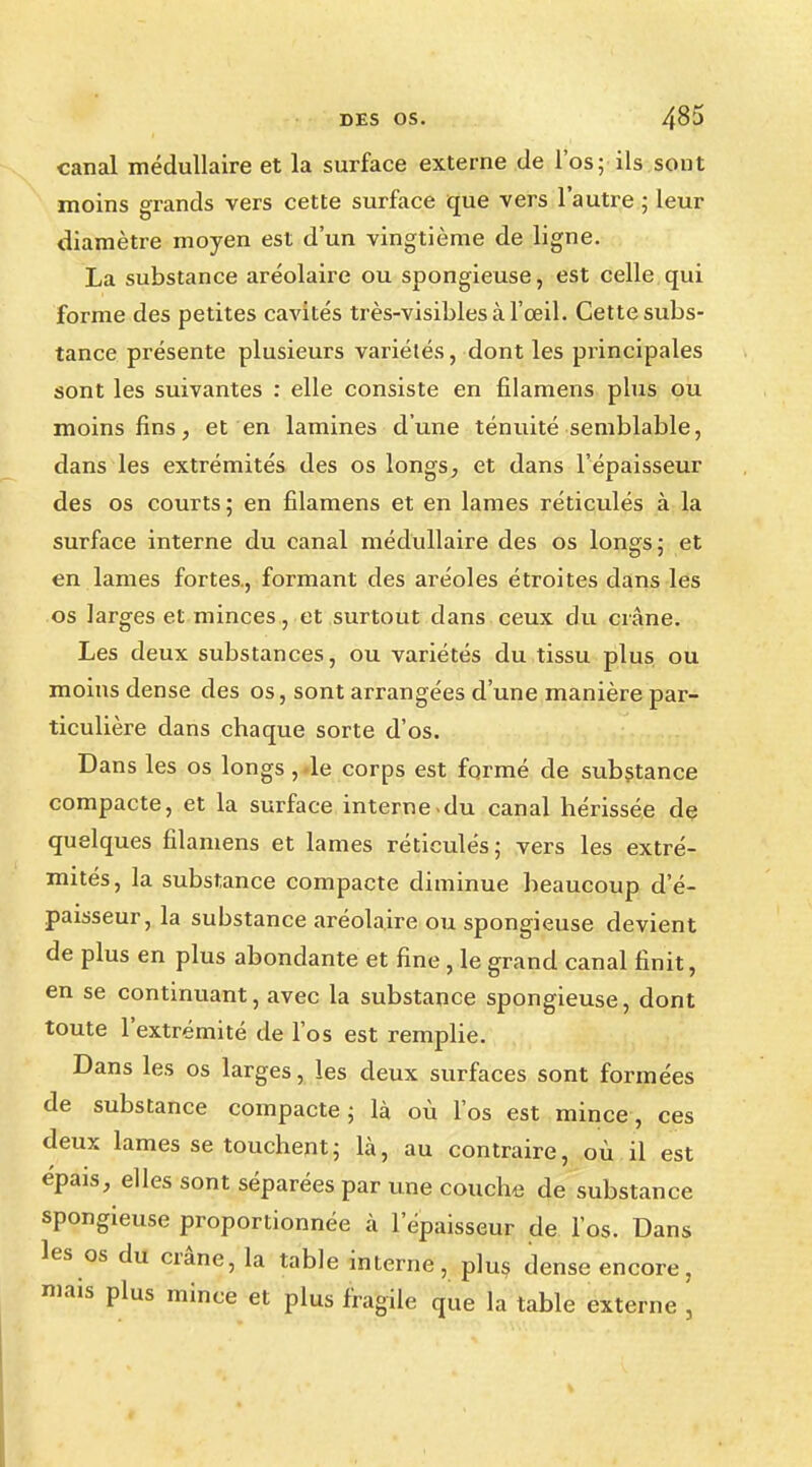 canal médullaire et la surface externe de l'os; ils sont moins grands vers cette surface que vers l'autre ; leur diamètre moyen est d'un vingtième de ligne. La substance aréolaire ou spongieuse, est celle qui forme des petites cavités très-visibles à l'oeil. Cette subs- tance présente plusieurs variétés, dont les principales sont les suivantes : elle consiste en filamens plus ou moins fins, et en lamines d'une ténuité semblable, dans les extrémités des os longs, et dans l'épaisseur des os courts; en filamens et en lames réticulés à la surface interne du canal médullaire des os longs; et en lames fortes., formant des aréoles étroites dans les os larges et minces, et surtout dans ceux du crâne. Les deux substances, ou variétés du tissu plus ou moins dense des os, sont arrangées d'une manière par- ticulière dans chaque sorte d'os. Dans les os longs, de corps est formé de substance compacte, et la surface interne du canal hérissée de quelques filamens et lames réticulés; vers les extré- mités, la substance compacte diminue beaucoup d'é- paisseur, la substance aréolaire ou spongieuse devient de plus en plus abondante et fine , le grand canal finit, en se continuant, avec la substance spongieuse, dont toute l'extrémité de l'os est remplie. Dans les os larges, les deux surfaces sont formées de substance compacte; là où l'os est mince, ces deux lames se touchent; là, au contraire, où il est épais, elles sont séparées par une couche de substance spongieuse proportionnée à l'épaisseur de l'os. Dans les os du crâne, la table interne, plu$ dense encore, mais plus mince et plus fragile que la table externe ,