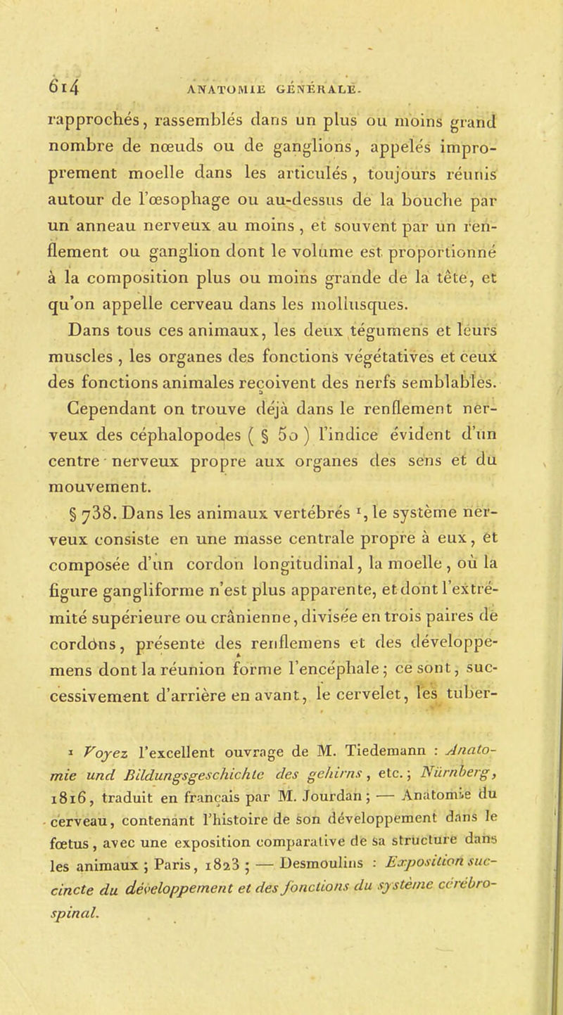 rapprochés, rassemblés dans un plus ou moins grand nombre de nœuds ou de ganglions, appelés impro- prement moelle dans les articulés , toujours réunis autour de l'œsophage ou au-dessus de la bouche par un anneau nerveux au moins , et souvent par un ren- flement ou ganglion dont le volume est proportionné à la composition plus ou moins grande de la tête, et qu'on appelle cerveau dans les mollusques. Dans tous ces animaux, les deux tégumens et leurs muscles , les organes des fonctions végétatives et ceux des fonctions animales reçoivent des nerfs semblables. Cependant on trouve déjà dans le renflement ner- veux des céphalopodes ( § 5o ) l'indice évident d'un centre nerveux propre aux organes des sens et du mouvement. § 738. Dans les animaux vertébrés *, le système ner- veux consiste en une masse centrale propre à eux, et composée d'un cordon longitudinal, la moelle , où la figure gangliforme n'est plus apparente, et dont l'extré- mité supérieure ou crânienne, divisée en trois paires de cordôns, présente des renflemens et des développe- mens dont la réunion forme l'encéphale; ce sont, suc- cessivement d'arrière en avant, le cervelet, les tûber- * Voyez l'excellent ouvrage de M. Tiedemann : Anato- mie und Bildungsgeschichle des gehirns, etc.; Niïrnberg, 1816, traduit en français par M. Jourdan ; — Anatomf.e du cerveau, contenant l'histoire de son développement dans le fœtus, avec une exposition comparative de sa structure dans les animaux ; Paris, i8a3 ; — Desmoulins : Exposition suc- cincte du développement et des fondions du système cérébro- spinal.