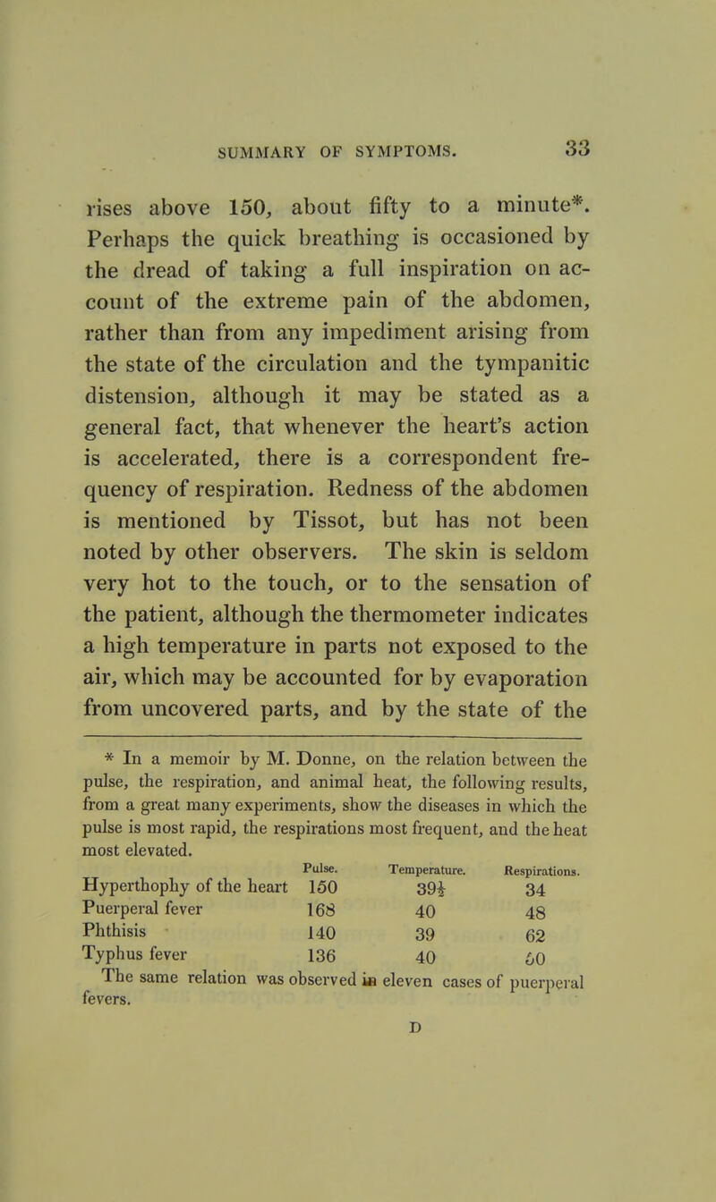 rises above 150, about fifty to a minute*. Perhaps tlie quick breathing is occasioned by the dread of taking a full inspiration on ac- count of the extreme pain of the abdomen, rather than from any impediment arising from the state of the circulation and the tympanitic distension, although it may be stated as a general fact, that whenever the heart's action is accelerated, there is a correspondent fre- quency of respiration. Redness of the abdomen is mentioned by Tissot, but has not been noted by other observers. The skin is seldom very hot to the touch, or to the sensation of the patient, although the thermometer indicates a high temperature in parts not exposed to the air, which may be accounted for by evaporation from uncovered parts, and by the state of the * In a memoir by M. Donne, on the relation between the pulse, the respiration, and animal heat, the following results, from a great many experiments, show the diseases in which the pulse is most rapid, the respirations most frequent, and the heat most elevated. Hyperthophy of the heart Pulse. Temperature. Respirations. 150 34 Puerperal fever 168 40 48 Phthisis 140 39 62 Typhus fever 136 40 60 The same relation was observed m eleven cases of puerperal fevers. D