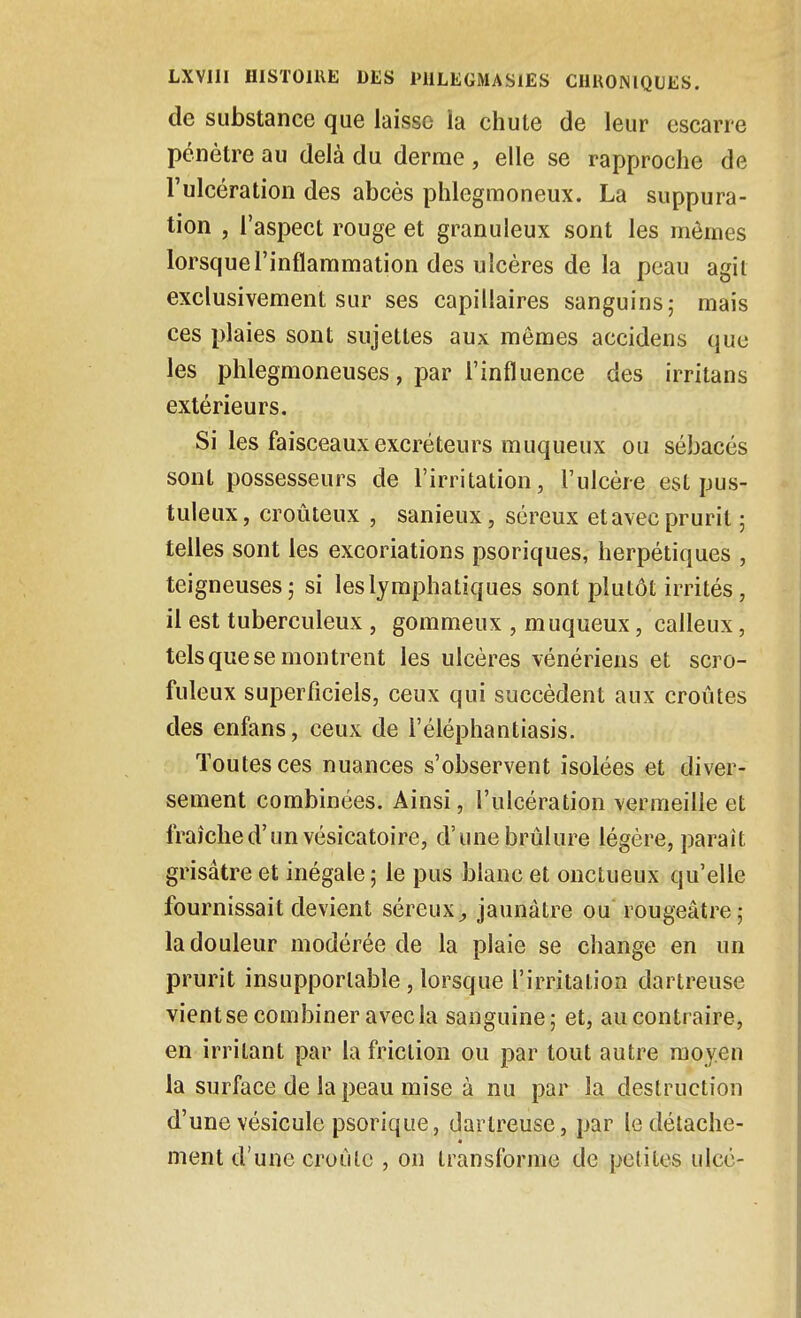 de substance que laisse la chute de leur escarre pénètre au delà du derme , elle se rapproche de l'ulcération des abcès phlegmoneux. La suppura- tion , l'aspect rouge et granuleux sont les mômes lorsque l'inflammation des ulcères de la peau agit exclusivement sur ses capillaires sanguins; mais ces plaies sont sujettes aux mômes accidens que les phlegmoneuses, par l'influence des irritans extérieurs. Si les faisceaux excréteurs muqueux ou sébacés sont possesseurs de l'irritation, l'ulcère est pus- tuleux , croùteux , sanieux, séreux et avec prurit ; telles sont les excoriations psoriques, herpétiques , teigneuses; si les lymphatiques sont plutôt irrités, il est tuberculeux , gommeux , muqueux, calleux, tels que se montrent les ulcères vénériens et scro- fuleux superficiels, ceux qui succèdent aux croûtes des enfans, ceux de l'éléphantiasis. Toutes ces nuances s'observent isolées et diver- sement combinées. Ainsi, l'ulcération vermeille et fraîched'un vésicatoire, d'une brûlure légère, parait grisâtre et inégale ; le pus blanc et onctueux qu'elle fournissait devient séreux^ jaunâtre ou rougeâtre; la douleur modérée de la plaie se change en un prurit insupportable, lorsque l'irritation dartreuse vient se combiner avec la sanguine; et, au contraire, en irritant par la friction ou par tout autre moyen la surface de la peau mise à nu par la destruction d'une vésicule psorique, dartreuse, par le détache- ment d'une croule , on transforme de petites ulcé-