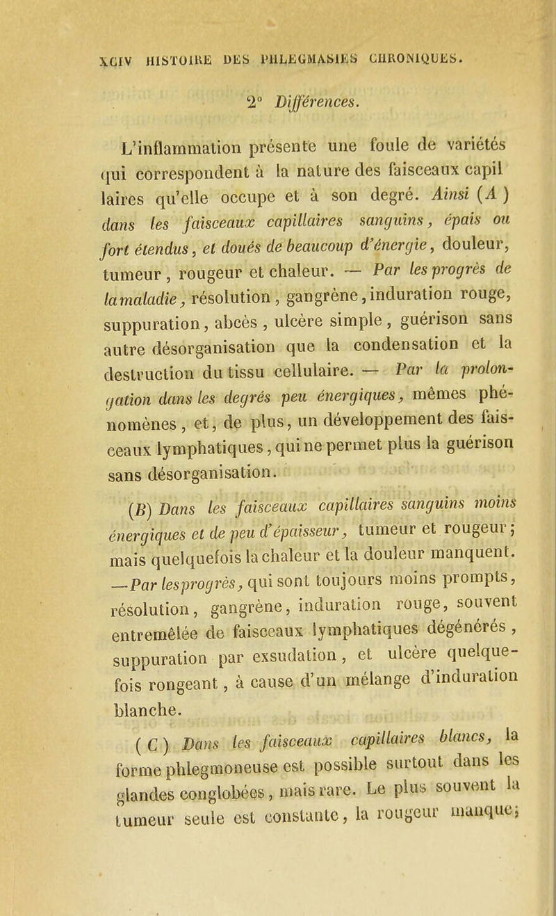 2° Différences. L'inflammation présente une foule de variétés qui correspondent à la nature des faisceaux capil laires qu'elle occupe et à son degré. Amsi {A ) dans les faisceaux capillaires sanguins, épais ou fort étendus, et doués de beaucoup d'énergie, douleur, tumeur, rougeur et chaleur. ~ Par les progrès de lamaladie, résolution, gangrène,induration rouge, suppuration, abcès , ulcère simple , guérison sans autre désorganisation que la condensation et la destruction du tissu cellulaire. — Par la prolon- gation dans les degrés peu énergiques, mêmes phé- nomènes , et, de plus, un développement des fais- ceaux lymphatiques, qui ne permet plus la guérison sans désorganisation. {B) Dans les faisceaux capillaires sanguins moins énergiques et de peu d'épaisseur, tumeur et rougeur ; mais quelquefois la chaleur et la douleur manquent. —Par lesprogrès, qui soni toujours moins prompts, résolution, gangrène, induration rouge, souvent entremêlée de faisceaux lymphatiques dégénérés, suppuration par exsudation, et ulcère quelque- fois rongeant, à cause d'un mélange d'induration blanche. ( C ) Dans les faisceaux capillaires blancs, la forme phlegmoneuse est possible surtout dans les glandes conglobées, mais rare. Le plus souvent la tumeur seule est constante, la rougeur manqucj