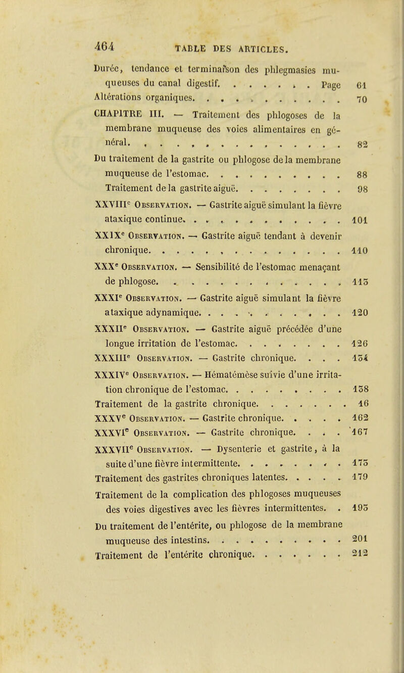 Durée, tendance et terminaison des phlegmasies mu- queuses du canal digestif. . . . . » . Page 61 Altérations organiques. 70 CHAPITRE III. — Traitement des phlogoses de la membrane muqueuse des voies alimentaires en gé- néral 82 Du traitement de la gastrite ou phlogose delà membrane muqueuse de l'estomac 88 Traitement de la gastrite aiguë 98 XXVIIIe Observation. — Gastrite aiguë simulant la fièvre ataxique continue. .101 XXIXe Observation. — Gastrite aiguë tendant à devenir chronique 110 XXXe Observation. — Sensibilité de l'estomac menaçant de phlogose 115 XXXIe Observation. — Gastrite aiguë simulant la fièvre ataxique adynamique. . . . 120 XXXIIe Observation. — Gastrite aiguë précédée d'une longue irritation de l'estomac. . . . . . . . 126 XXXIIIe Observation. — Gastrite chronique. . . . 154 XXXIVe Observation. — Hématémèse suivie d'une irrita- tion chronique de l'estomac .158 Traitement de la gastrite chronique 16 XXXVe Observation. — Gastrite chronique. .... 162 XXXVIe Observation. — Gastrite chronique. . . .167 XXXVIIe Observation. — Dysenterie et gastrite, à la suite d'une fièvre intermittente « . 175 Traitement des gastrites chroniques latentes 179 Traitement de la complication des phlogoses muqueuses des voies digestives avec les fièvres intermittentes. . 195 Du traitement de l'entérite, ou phlogose de la membrane muqueuse des intestins Traitement de l'entérite chronique