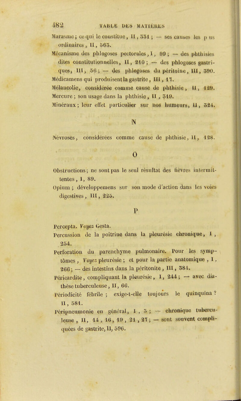 Marasme; ce qui le coustiluc, II, 551 ; — ses causes les p us ordinaires , II, 565. Mécanisme des phlogoses pectorales, 1, 09; — des pulhisies dites constitutionnelles, il, 210; — des phlogoses gastri- ques, III, 50; — des phlogoses du péritoine, III, 590. Médicamens qui produisent la gastrite, III, n. Mélancolie, considérée comme cause de phlhisie, II, 129. Mercure ; son usage dans la phthisie, H , 519. Minéraux; leur effet particulier sur nos humeurs, 11 , 524. N Névroses, considérées comme cause de phthisie, II, 128. 0 Obstructions; ne sont pas le seul résultat des fièvres intermit- tentes, 1, 89. Opium ; développemens sur son mode d'action dans les voies digestives , III, 225. P Percepta. Voyez Gesta. Percussion de la poitrine dans la pleurésie chronique, 1 , 254. Perforation du parenchyme pulmonaire. Pour les symp- tômes , Voyez pleurésie ; et pour la partie anatomique , I, 266 j _ des intestins dans la péritonite, III, 384. Péricardite, compliquant la pleurésie, 1, 244 ; — avec dia- thèse tuberculeuse, II, 66. Périodicité fébrile ; exige-t-elle toujours le quinquina ? II, 581. Péripneumonie en général, 1,5; — chronique tubercu- leuse , II, 14 , 16, 19 , 21 , 27 ; — sont souvent compli- quées de gastrite, II, 596.