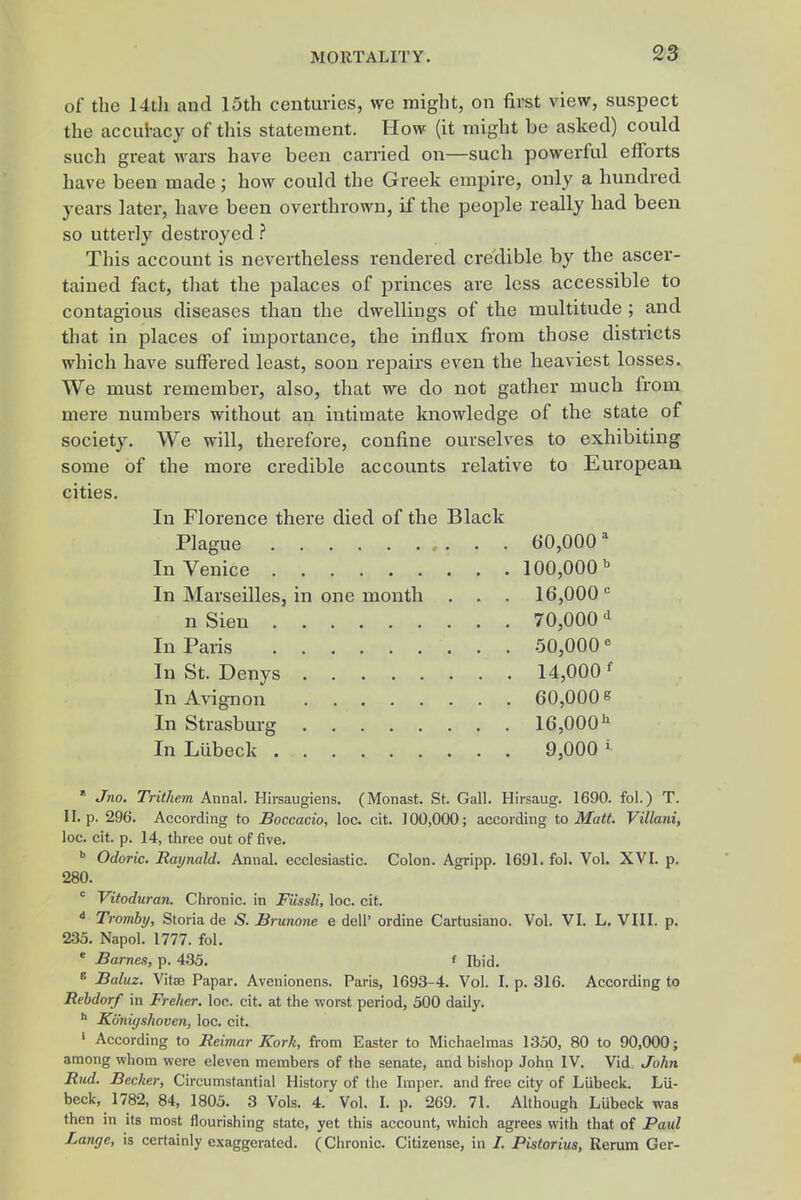 of the 14tli and 15th centuries, we might, on first view, suspect the accuhicy of this statement. How (it might be asked) could such great wars have been carried on—such powerful efforts have been made; how could the Greek empire, only a hundred years later, have been overthrown, if the people really had been so utterly destroyed ? This account is nevertheless rendered credible by the ascer- tained fact, tliat the palaces of princes are less accessible to contagious diseases than the dwellings of the multitude; and that in places of importance, the influx from those districts which have suffered least, soon repairs even the heaviest losses. We must remember, also, that we do not gather much from mere numbers without an intimate knowledge of the state of society. We will, therefore, confine ourselves to exhibiting some of the more credible accounts relative to European cities. In Florence there died of the Black Plague 60,000 * In Venice 100,000 In Marseilles, in one month . . . 16,000 n Sien 70,000 In Paris 50,000« In St. Denys 14,000 ^ In Avignon 60,000 e In Strasburg 16,000^ In Liibeck 9,000 • * Jno. Trithem Annal. Hirsaugiens. (Monast. St. Gall. Hirsaug. 1690. fol.) T. II. p. 296. According to Boccacio, loc. cit. 100,000; according to Matt. Villani, loc. cit. p. 14, three out of five. Odoric. Raynald. Annal. ecclesiastic. Colon. Agrlpp. 1691. fol. Vol. XVI. p. 280. Vitoduran. Chronic, in F'dssli, loc. cit. Tromby, Storia de S. Brunone e dell' ordine Cartusiano. Vol. VI. L, VIII. p. 235. Napol. 1777. fol. ' Barnes, p. 435. f Ibid. ^ Baluz. Vitoe Papar. Avenionens. Paris, 1693-4. Vol. I. p. 316. According to Rebdorf in Freher. loc. cit. at the worst period, 500 daily. Kb'niyshoven, loc. cit. ' According to Reimar Kork, from Easter to Michaelmas 1350, 80 to 90,000; among whom were eleven members of the senate, and bishop John IV. Vid. John Riid. Becker, Circumstantial History of the Imper. and free city of Lubeck. Lii- beck, 1782, 84, 1805. 3 Vols. 4. Vol. I. p. 269. 71. Although Lubeck was then in its most flourishing state, yet this account, which agrees with that of Paul Lange, is certainly exaggerated. (Chronic. Citizense, in /. Pistorius, Rerum Ger-