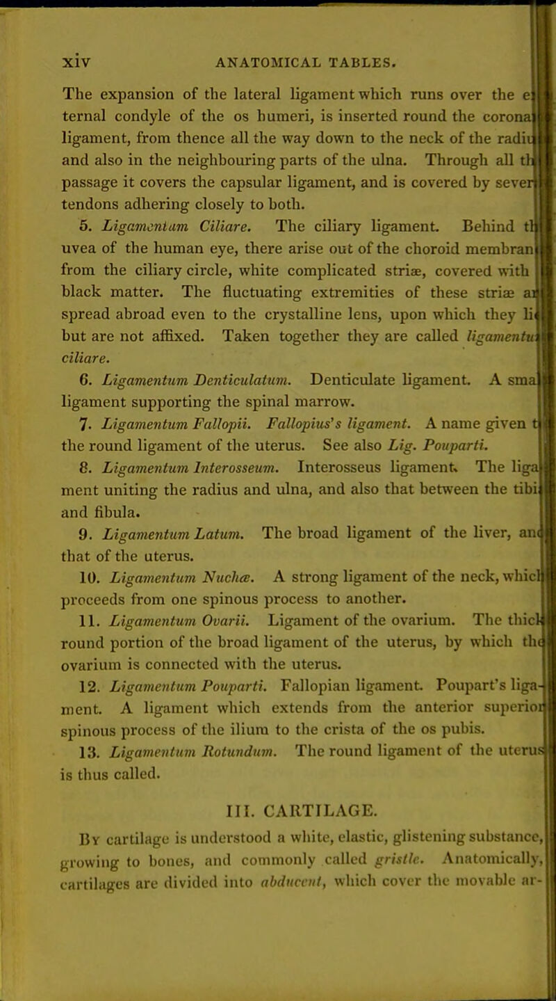 ^———^ p I I xiv ANATOMICAL TABLES. The expansion of the lateral ligament which runs over the e ternal condyle of the os humeri, is inserted round the coron ligament, from thence all the way down to the neck of the radi and also in the neighbouring parts of the ulna. Through all t passage it covers the capsular ligament, and is covered by seve tendons adhering closely to both. 5. Ligamcntum Ciliare. The ciliary ligament Behind t uvea of the human eye, there arise out of the choroid membran from the ciliary circle, white complicated striae, covered with black matter. The fluctuating extremities of these strias spread abroad even to the crystalline lens, upon which they 11 but are not affixed. Taken together they are called ligamen ciliare. 6. Ligamentum Denticulatuvi. Denticulate ligament. A sm ligament supporting the spinal marrow. 7. Ligamentum Fallopii. Fallopius's ligament. A name g^ven the round ligament of the uterus. See also Lig. Pouparti. 8. Ligamentum Interosseum. Interosseus ligament. The li ment uniting the radius and ulna, and also that between the tibi and fibula. 9. Ligamentum Latum. The broad ligament of the liver, an that of the uterus. 10. Ligamentum Nucha:. A strong ligament of the neck, whic proceeds from one spinous process to anotlier. 11. Ligamentum Ovarii. Ligament of the ovarium. The thic round portion of the broad ligament of the uterus, by which th ovarium is connected with the uterus. 12. Ligamentum Pouparti. Fallopian ligament. Poupart's liga ment. A ligament which extends from the anterior superio spinous process of the ilium to the crista of the os pubis. 13. Ligamentum Rotundum. The round ligament of the uteru is thus called. III. CARTILAGE. By cartilage is understood a white, elastic, glistening substance, growing to bones, and commonly called gristle. Anatomically, cartilages are divided into abducent, which cover the movable ar