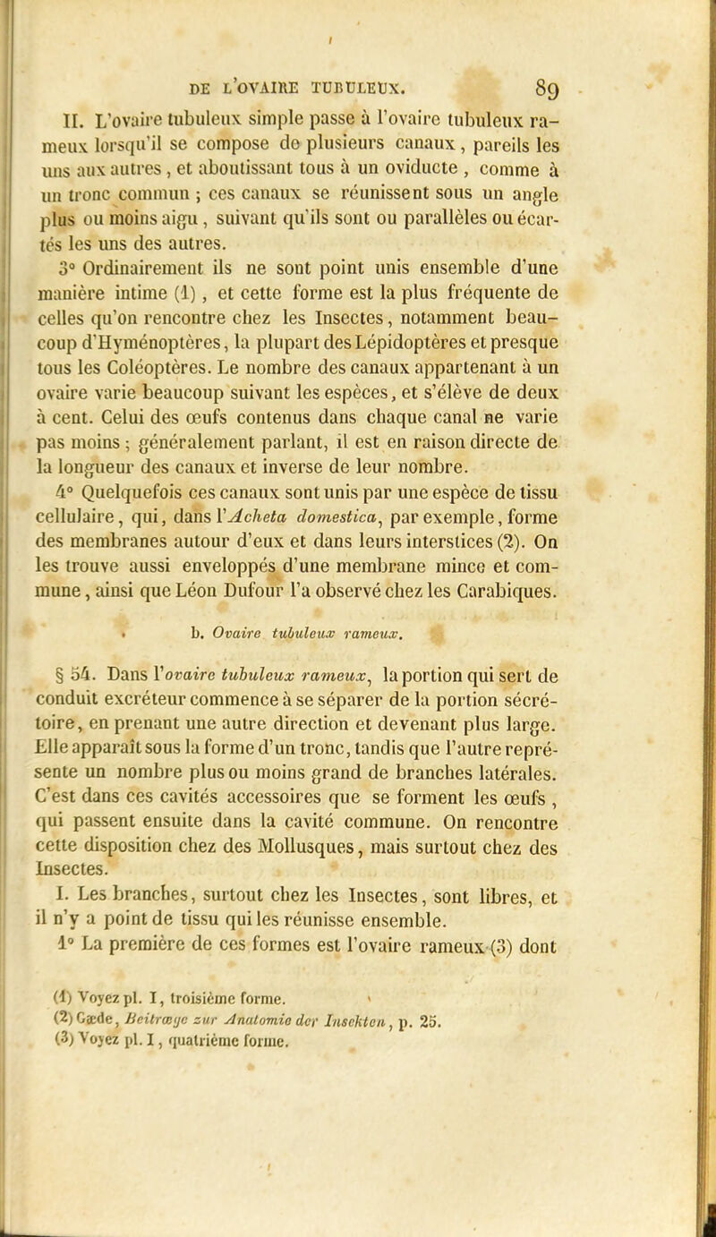 II. L'ovaire Uibuleu\ simple passe à l'ovaire lubuleux fa- meux lorsqu'il se compose do plusieurs canaux, pareils les uns aux autres , et aboutissant tous à un oviducte , comme à un tronc commun ; ces canaux se réunissent sous un angle plus ou moins aigu, suivant qu'ils sont ou parallèles ou écar- tés les uns des autres. 3° Ordinairement ils ne sont point unis ensemble d'une manière intime (1), et cette forme est la plus fréquente de celles qu'on rencontre chez les Insectes, notamment beau- coup d'Hyménoptères, la plupart des Lépidoptères et presque tous les Coléoptères. Le nombre des canaux appartenant à un ovaire varie beaucoup suivant les espèces, et s'élève de deux à cent. Celui des œufs contenus dans chaque canal ne varie pas moins ; généralement parlant, il est en raison directe de la longueur des canaux et inverse de leur nombre. 4° Quelquefois ces canaux sont unis par une espèce de tissu cellulaire, qui, dans ïAcheta domestica^ par exemple, forme des membranes autour d'eux et dans leurs interstices (2). On les trouve aussi enveloppés d'une membrane mince et com- mune , ainsi que Léon Dufour l'a observé chez les Carabiques. • b. Ovaire tubuleux rameux, § 54. Dans Vovaire tuhuleux rameux^ la portion qui sert de conduit excréteur commence à se séparer de la portion sécré- toire, en prenant une autre direction et devenant plus large. Elle apparaît sous la forme d'un tronc, tandis que l'autre repré- sente un nombre plus ou moins grand de branches latérales. C'est dans ces cavités accessoires que se forment les œufs , qui passent ensuite dans la cavité commune. On rencontre cette disposition chez des Mollusques, mais surtout chez des Insectes. I. Les branches, surtout chez les Insectes, sont libres, et il n'y a point de tissu qui les réunisse ensemble. 1° La première de ces formes est l'ovaire rameux (3) dont (1) Voyez pl. I, troisième forme. « (2) GeEde, Beitrœijc zur Anatomio dcr Inscktcn, p. 25. (3) Vojez pl. I, quatrième forme.