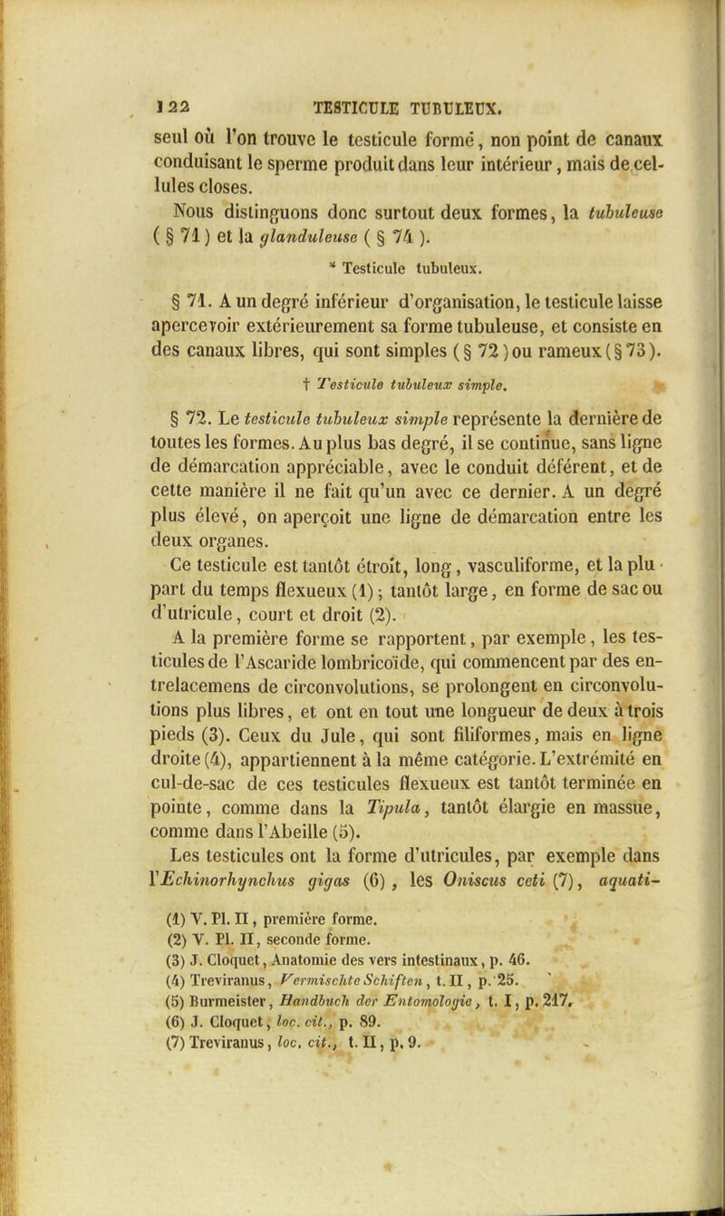 seul OÙ l'on trouve le testicule formé, non point de canaux conduisant le sperme produit dans leur intérieur, mais de cel- lules closes. Nous dislin{ïuons donc surtout deux formes, la tuhuleuse ( § 71 ) et la glanduleuse ( § 74 ). * Testicule tubuleux. § 71. A un degré inférieur d'organisation, le testicule laisse apercevoir extérieurement sa forme tubuleuse, et consiste en des canaux libres, qui sont simples ( § 72 ) ou rameux ( § 73 ). t Testicule tubuleux simple. § 72. Le testicule tubuleux simple représente la dernière de toutes les formes. Au plus bas degré, il se continue, sans ligne de démarcation appréciable, avec le conduit déférent, et de cette manière il ne fait qu'un avec ce dernier. A un degré plus élevé, on aperçoit une ligne de démarcation entre les deux organes. Ce testicule est tantôt étroit, long, vasculiforme, et la plu part du temps flexueux (1) ; tantôt large, en forme de sac ou d'utricule, court et droit (2). A la première forme se rapportent, par exemple, les tes- ticules de l'Ascaride lombricoïde, qui commencent par des en- trelacemens de circonvolutions, se prolongent en circonvolu- tions plus libres, et ont en tout une longueur de deux à trois pieds (3). Ceux du Jule, qui sont filiformes, mais en ligne droite (4), appartiennent à la même catégorie. L'extrémité en cul-de-sac de ces testicules flexueux est tantôt terminée en pointe, comme dans la Tipula, tantôt élai'gie en massue, comme dans l'Abeille (5). Les testicules ont la forme d'utricules, par exemple dans YEchinorhynchus gigas (6) , les Onisais ceti (7), aquati- (1) V. Pl. II, première forme. (2) V. Pl. II, seconde forme. (3) J. Cloquet, Anatomie des vers intestinaux, p. 46. (4) Treviranus, f^crmischtcSchifte7i, t.Il, p. 25. (5) Burmeister, Handbuch dcr Entomoloijio, t. I, p. 217, (6) J. Cloquet, loc. cit., p. 89. (7) Treviranus, loc. cit., t. II, p. 9.