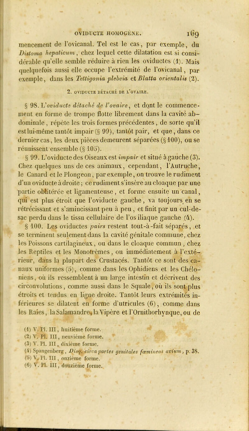 mencement de Tovicanal. Tel est le cas, par exemple, du Distoma hepaticum, ciiez lequel cette dilatation est si consi- dérable qu'elle semble réduire à rien les oviducles (1). Mais (|uelquet'ois aussi elle occupe l'extrémité de l'ovicanal, par exemple, dans les Tettigonia pîebeia etBlatta orientalis (2). 2. OViPtICTK DÉTACHÉ DE l'OYAIRE. § 98. Vovidiicts détaché de l'ovaire^ et dont le commence- ment en forme de trompe flotte librement dans la cavité ab- dominale , répète les trois formes précédentes, de sorte qu'il est lui-même tantôt impair (§ 99), tantôt pair, et que, dans ce dernier cas, les deux pièces demeurent séparées (§ 100), ou se réunissent ensemble (§ 105). § 99. L'oviducte des Oiseaux est impair et situé à gauche (3). Chez quelques uns de ces animaux, cependant, l'Autruche, le Canard et le Plongeon, par exemple, on trouve le rudiment d'un oviducte à droite ; ce rudiment s'insère au cloaque par une partie oblitérée et ligamenteuse, et forme ensuite un canal, qui est plus étroit que l'oviducte gauche, va toujours en se rétrécissant et s'amincissant peu à peu, et finit par un cul-de- sac perdu dans le tissu cellulaire de l'os iliaque gauche (4). § 100. Les oviductes pairs restent tout-à-fait séparés, et se terminent seulement dans la cavité génitale commune, chez les Poissons cartilagineux, ou dans le cloaque commun, ôhez les Reptiles et les Monotrèmes, ou immédiatement à l'exté- rieur, dans la plupart des Crustacés. Tantôt ce sont des ca- naux uniformes (5), comme dans les Ophidiens et les Chélo- niens, où ils ressemblent à un large intestin et décrivent des circonvolutions, comme aussi dans le Squale, oii ils sont plus étroits et tendus en ligne droite. Tantôt leurs extrémités in- férieures se dilatent en forme d'utricules (6), comme dans les Raies, la Salamandre^ la Vipère et l'Ornithorhynque, ou de (4) Y. n. in, huitième forme. (2) Y, Pl. III, neuvième forme. (3) V. PI. III, dixième forme. (4) Spangenbcrg, Disq. circa partes (jcnitules fœminoas aviuvi, p. 38. (5) Y, Pl. III, onzième forme. (6) V. Pl. III, douzième forme.