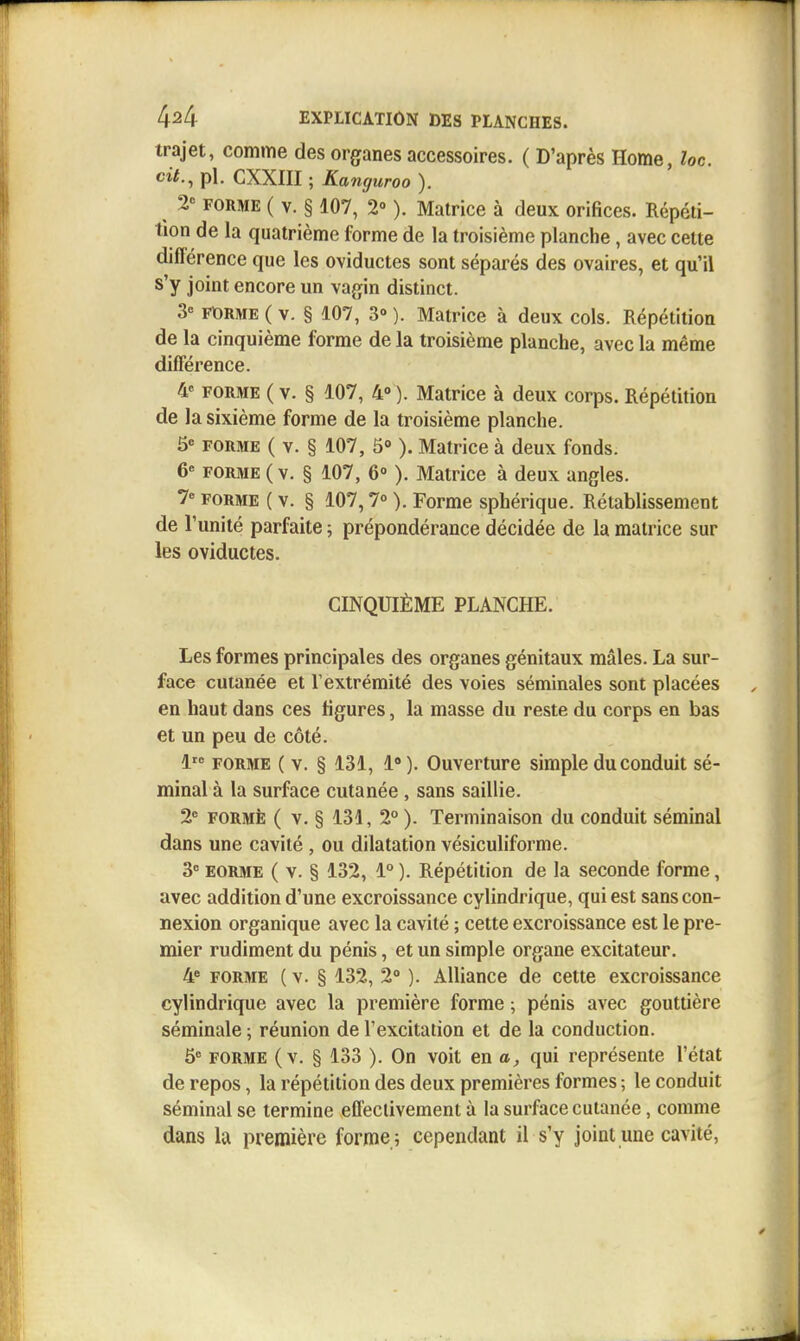 trajet, comme des organes accessoires. ( D'après Home, loc. cit.^ pl. CXXIII ; Kanguroo ). 2« FORME ( V. § 107, 2° ). Matrice à deux orifices. Répéti- tion de la quatrième forme de la troisième planche, avec cette différence que les oviductes sont séparés des ovaires, et qu'il s'y joint encore un vagin distinct. 3« Ft)RME ( V. § 107, 3° ). Matrice à deux cols. Répétition de la cinquième forme de la troisième planche, avec la même différence. 4 FORME ( V. § 107, 4» ). Matrice à deux corps. Répétition de la sixième forme de la troisième planche. 6 FORME ( v. § 107, 5» ). Matrice à deux fonds. FORME (v. § 107, 6° ). Matrice à deux angles. 7 FORME ( V. § 107,7° ). Forme sphérique. Rétablissement de l'unité parfaite ; prépondérance décidée de la matrice sur les oviductes. CINQUIÈME PLANCHE. Les formes principales des organes génitaux mâles. La sur- face cutanée et l'extrémité des voies séminales sont placées en haut dans ces figures, la masse du reste du corps en bas et un peu de côté. 1 FORME ( V. § 131, 1). Ouverture simple du conduit sé- minal à la surface cutanée , sans saillie. 2« FORMÉ ( v. § 131, 2° ). Terminaison du conduit séminal dans une cavité , ou dilatation vésiculiforme. 3 EORitiE ( V. § 132, 1°). Répétition de la seconde forme, avec addition d'une excroissance cylindrique, qui est sans con- nexion organique avec la cavité ; cette excroissance est le pre- mier rudiment du pénis, et un simple organe excitateur. 4« FORME ( V. § 132, 2 ). Alliance de cette excroissance cylindrique avec la première forme ; pénis avec gouttière séminale ; réunion de l'excitation et de la conduction. 6 FORME (v. § 133 ). On voit en a, qui représente l'état de repos, la répétition des deux premières formes ; le conduit séminal se termine effectivement à la surface cutanée, comme dans la première forme ; cependant il s'y joint une cavité,