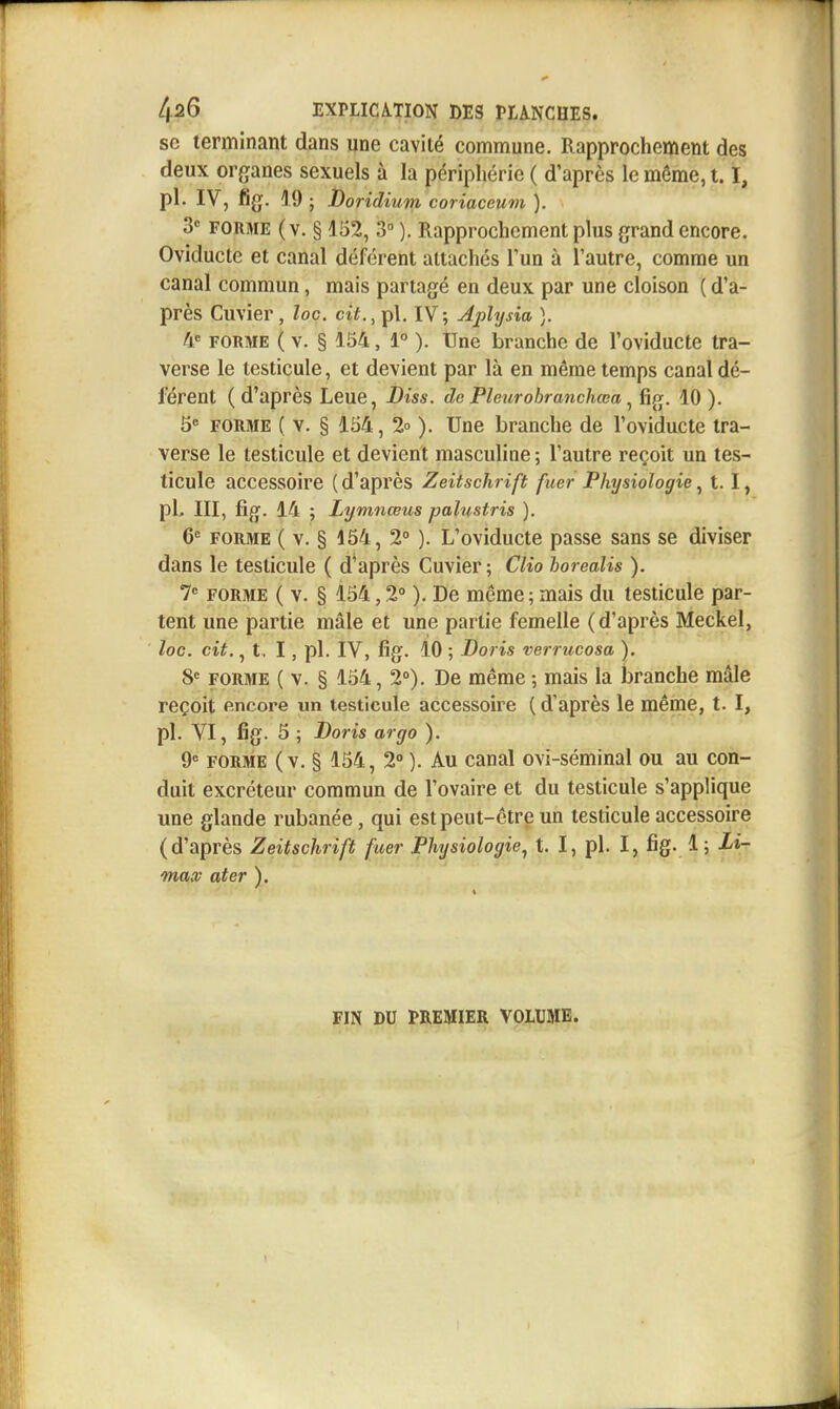 se terminant dans une cavité commune. Rapprochement des deux organes sexuels à la périphérie ( d'après le même, t. ï, pl. IV, fig. 19 ; Doridium coriaceum ). 3« FORME ( V. § 152, 3° ). Rapprochement plus grand encore. Oviducte et canal déférent attachés l'un à l'autre, comme un canal commun, mais partagé en deux par une cloison ( d'a- près Cuvier, loc. cit., pl. IV; Ajjlysia ]. 4 FORME ( V. § 154, 1° ). Une branche de l'oviducte tra- verse le testicule, et devient par là en même temps canal dé- férent (d'après Leue, Diss. de Plenrohranchœa ^ fig. 10 ). 6 FORME ( V. § 154, 2o ). Une branche de l'oviducte tra- verse le testicule et devient masculine ; l'autre reçoit un tes- ticule accessoire ( d'après Zeitschrift fuer Physiologie, t. I, pl, III, fig. 14 ; Lymnœus paltistris ). 6^ FORME ( V. § 154, 2° ). L'oviducte passe sans se diviser dans le testicule ( d'après Cuvier ; Clio horealis ). 7« FORME ( V. § 154,2° ). De même ; mais du testicule par- tent une partie mâle et une partie femelle (d'après Meckel, loc. cit., t, I, pl. IV, fig. 10 ; Boris verrucosa ). FORME ( V. § 154, 2°). De même ; mais la branche mâle reçoit encore un testicule accessoire ( d'après le même, t. I, pl. VI, fig. 5 ; Boris argo ). 9« FORME ( V. § 154, 2' ). Au canal ovi-séminal ou au con- duit excréteur commun de l'ovaire et du testicule s'applique une glande rubanée, qui est peut-être un testicule accessoire (d'après Zeitschrift fuer Physiologie^ t. I, pl. I, fig. 1 ; mao! ater ). FIN DU I»B,EMIER VOLUME.