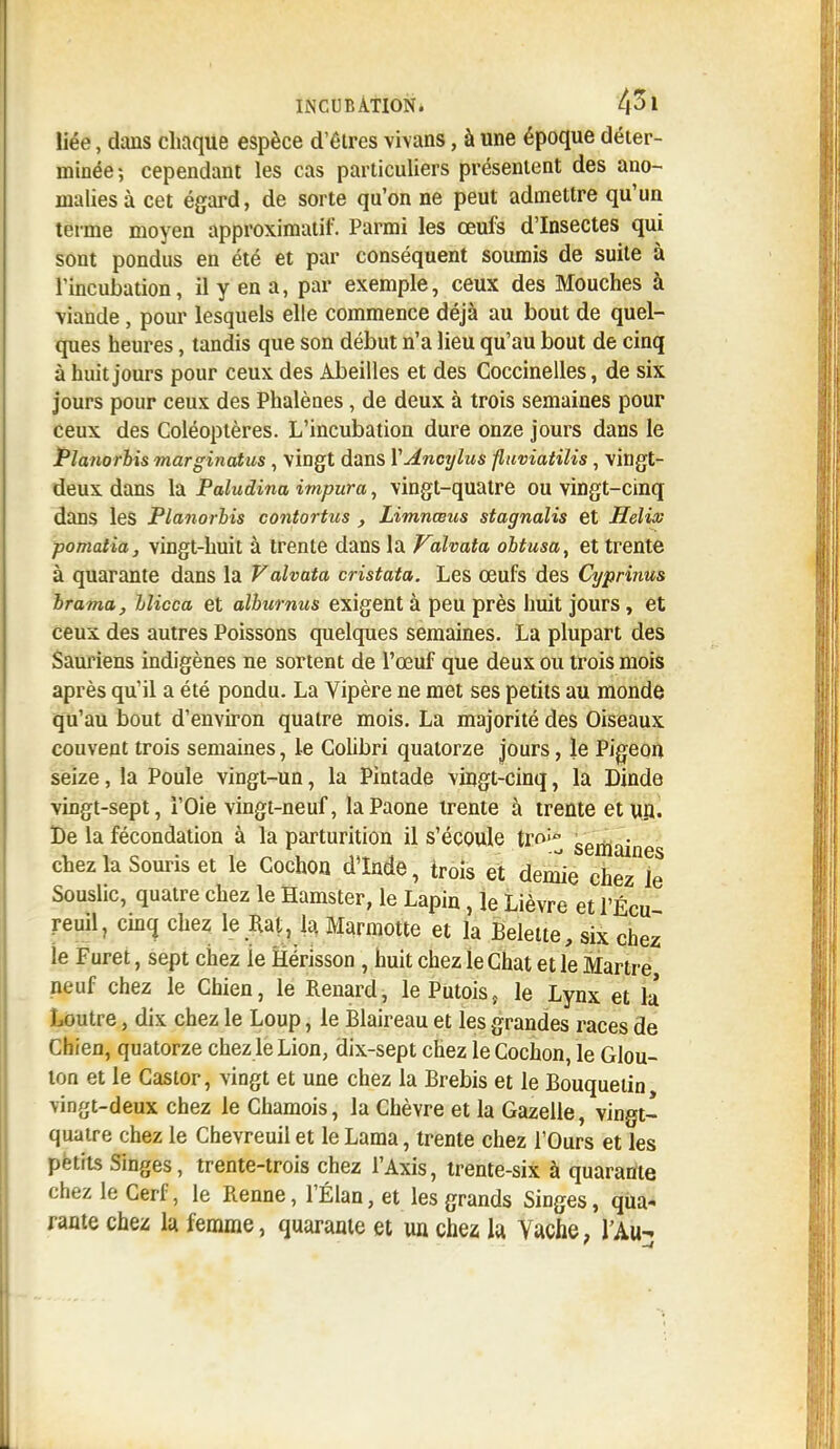 liée, dans chaque espèce d'êtres vivans, à une époque déter- minée ; cependant les cas particuliers présentent des ano- malies à cet égard, de sorte qu'on ne peut admettre qu'un terme moyen approximatif. Parmi les œufs d'Insectes qui sont pondus en été et par conséquent soumis de suite à l'incubation, il y en a, par exemple, ceux des Mouches à viande , pour lesquels elle commence déjà au bout de quel- ques heures, tandis que son début n'a lieu qu'au bout de cinq à huit jours pour ceux des Abeilles et des Coccinelles, de six jours pour ceux des Phalènes, de deux à trois semaines pour ceux des Coléoptères. L'incubation dure onze jours dans le Planorbis marginatus , vingt dans YAncylus fluviatilis, vingt- deux dans la Paludina impura, vingt-quatre ou vingt-cinq dans les Planorbis contortus } Limnœus stagnalis et Hélix pomatia, vingt-huit à trente dans la Valvata obtusa, et trente à quarante dans la Valvata cristata. Les œufs des Cyprinus brama, blicca et alburnus exigent à peu près huit jours, et ceux des autres Poissons quelques semaines. La plupart des Sauriens indigènes ne sortent de l'œuf que deux ou trois mois après qu'il a été pondu. La Vipère ne met ses petits au monde qu'au bout d'environ quatre mois. La majorité des Oiseaux couvent trois semaines, le Colibri quatorze jours, le Pigeon seize, la Poule vingt-un, la Pintade vingt-cinq, la Dinde vingt-sept, l'Oie vingt-neuf, laPaone trente à trente et un. Le la fécondation à la parturition il s'écoule tro>' sema|nes chez la Souris et le Cochon dinde, trois et demie cheHe Souslic, quatre chez le Hamster, le Lapin, le Lièvre et l'Écu reuil, cinq chez le liai, lu Marmotte et la Belette, six chez le Furet, sept chez ie Hérisson , huit chez le Chat et le Martre neuf chez le Chien, le Renard, le Putois, le Lynx et la Loutre, dix chez le Loup, le Blaireau et les grandes races de Chien, quatorze chez le Lion, dix-sept chez le Cochon, le Glou- ton et le Castor, vingt et une chez la Brebis et le Bouquetin vingt-deux chez le Chamois, la Chèvre et la Gazelle, vingt- quatre chez le Chevreuil et le Lama, trente chez l'Ours et les petits Singes, trente-trois chez l'Axis, trente-six à quarante chez le Cerf, le Renne, l'Élan, et les grands Singes, qua- rante chez la femme, quarante et un chez la Vache, l'Ain
